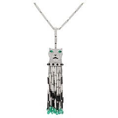 CARTIER Diamond, Onyx, and Emerald Panther Tassel Necklace