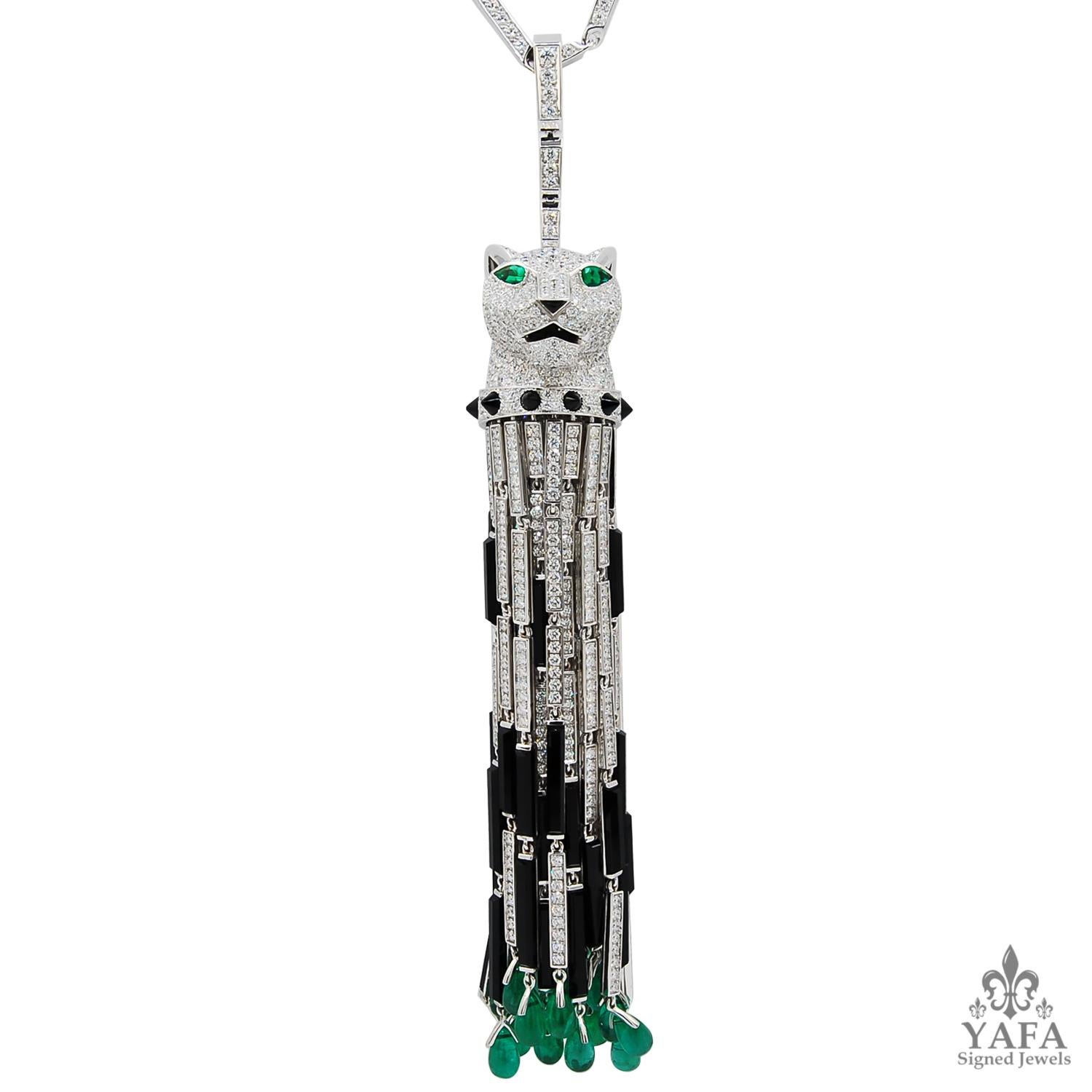 CARTIER Diamond, Onyx, Emerald Panther Tassel Necklace
A 18k white gold panther tassel necklace, set with round brilliant-cut diamonds, emerald and onyx, signed Cartier, French.
dimensions approx. 30.5″ in length and pendant 5.5″ in length
Signed