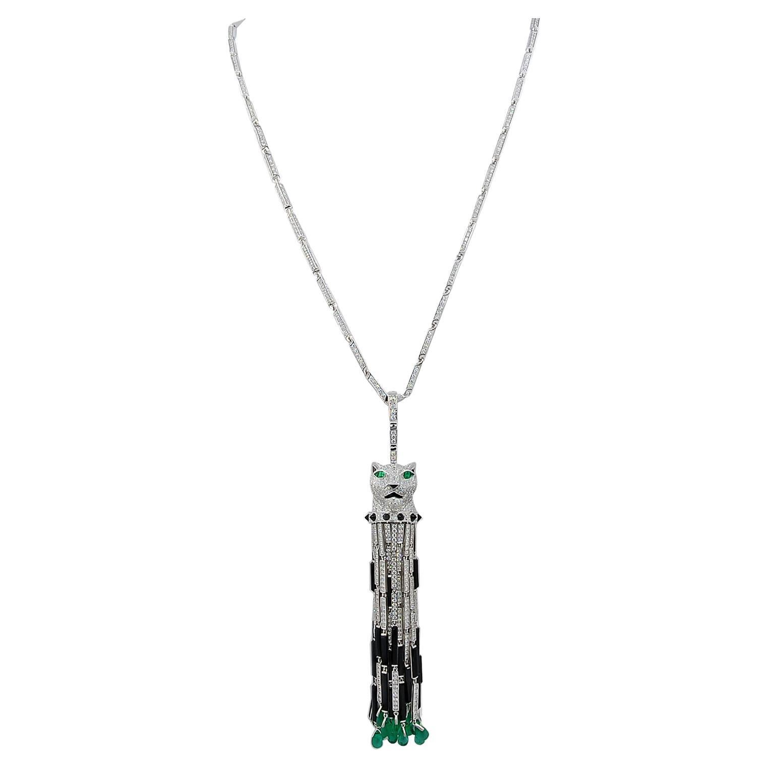 Cartier Diamond, Onyx, Emerald Panther Tassel Necklace For Sale