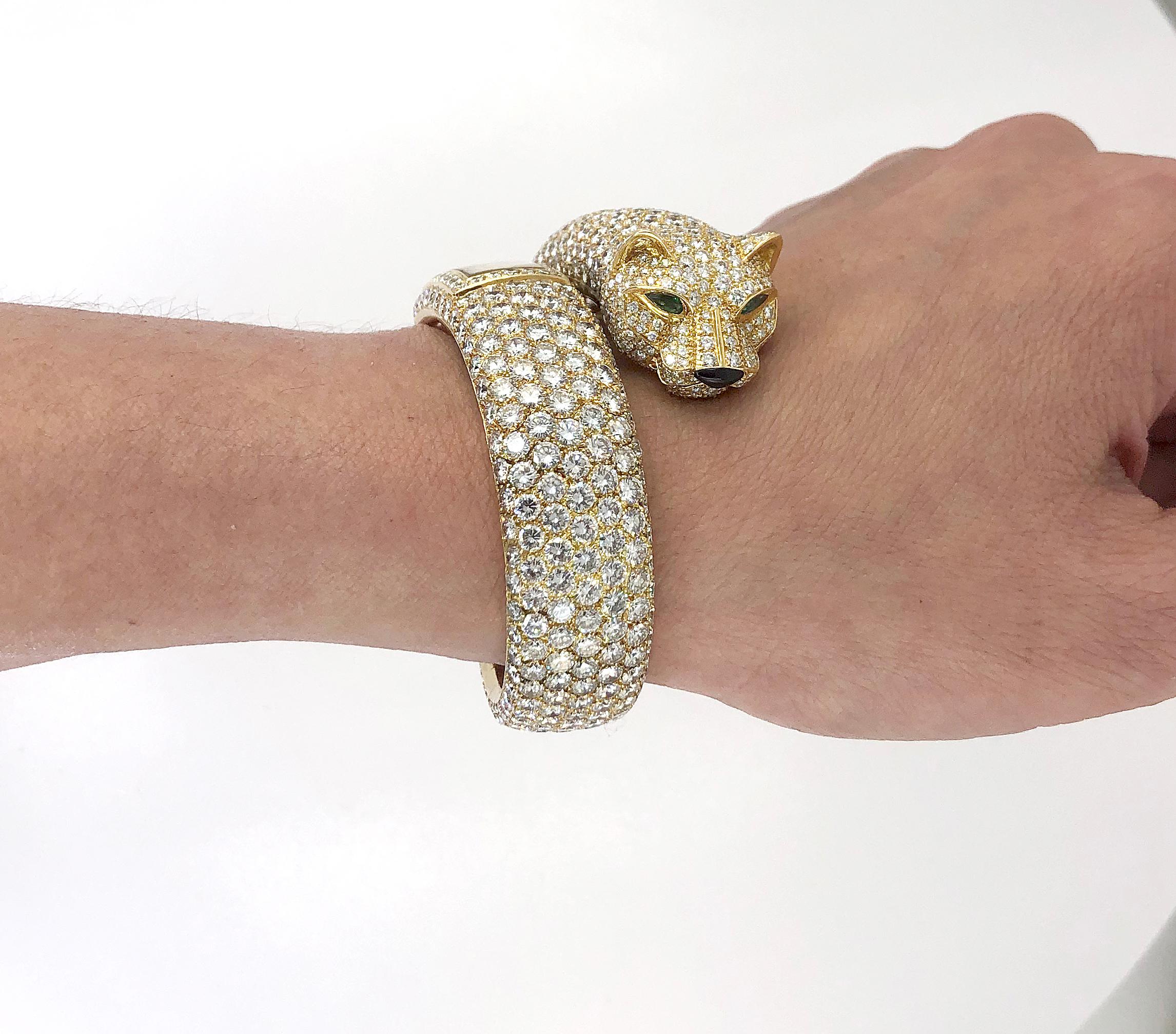 Round Cut Cartier Diamond Panther Cuff Bangle Watch For Sale