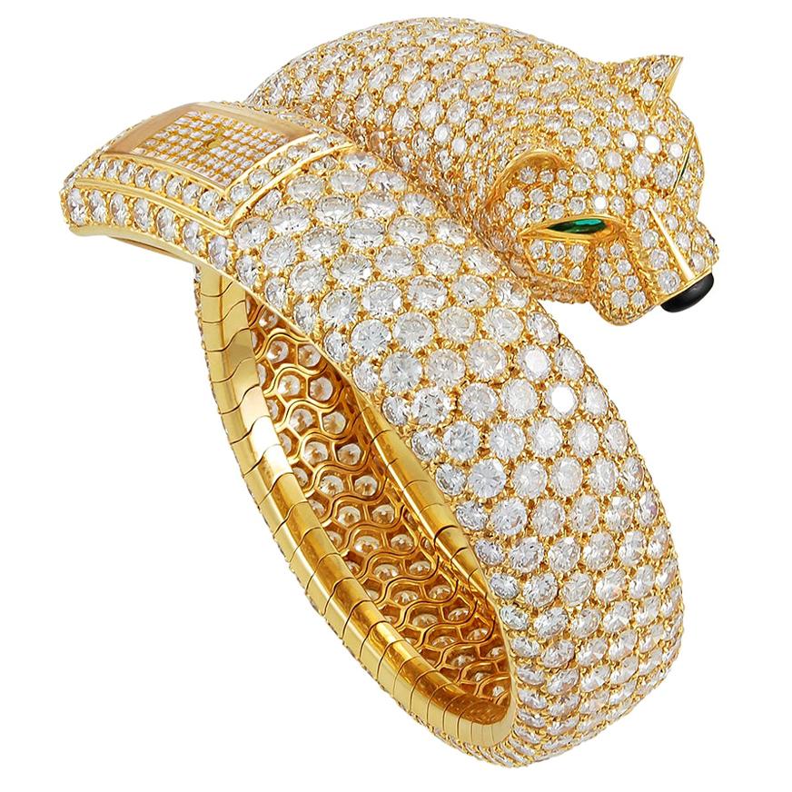 Cartier Diamond Panther Cuff Bangle Watch For Sale