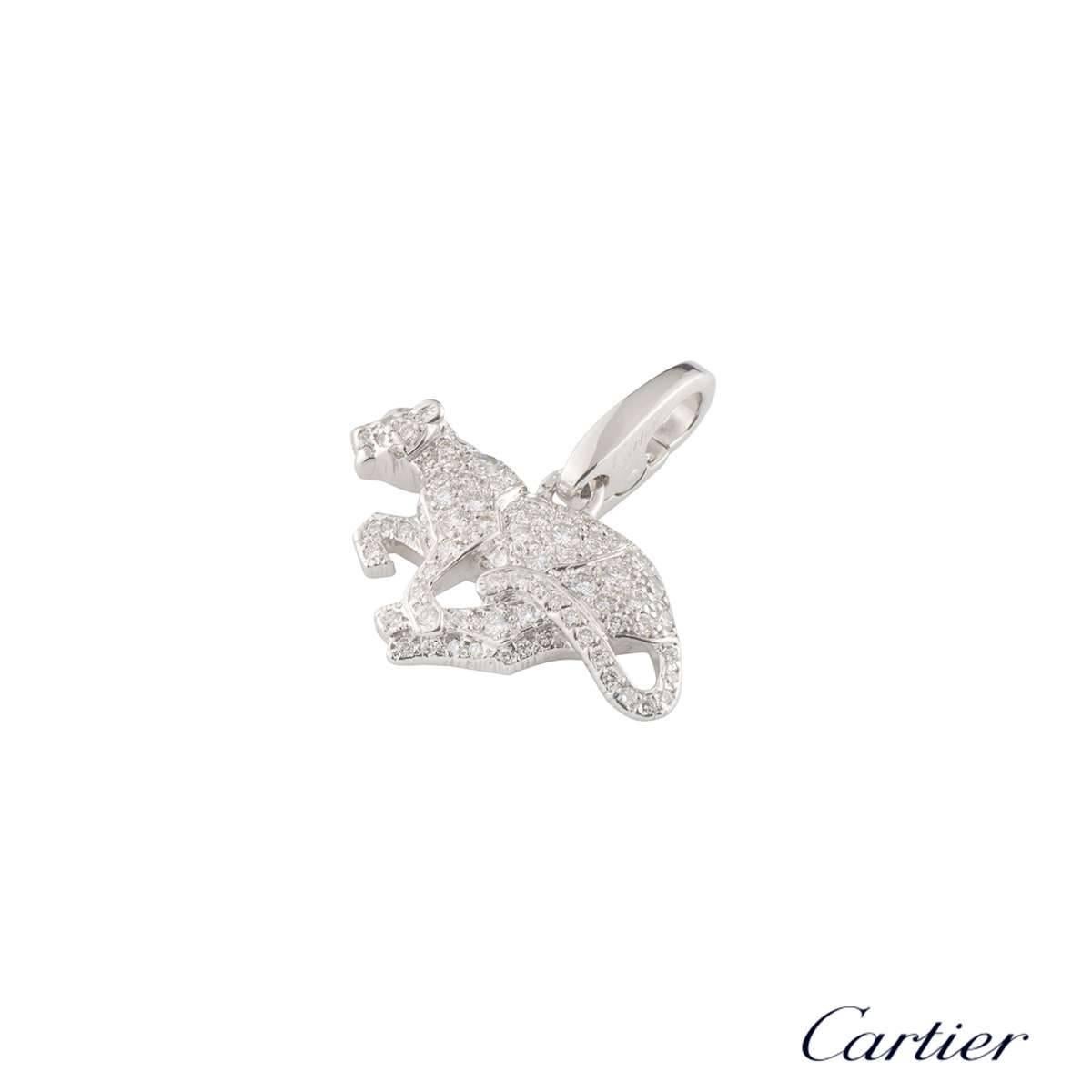 A beautiful 18k white gold diamond Cartier charm. The charm comprises of a panthere motif encrusted with 97 round brilliant cut diamonds with a total weight of approximately 1.26ct, G colour and VS clarity. The charm features a lobster clasp and