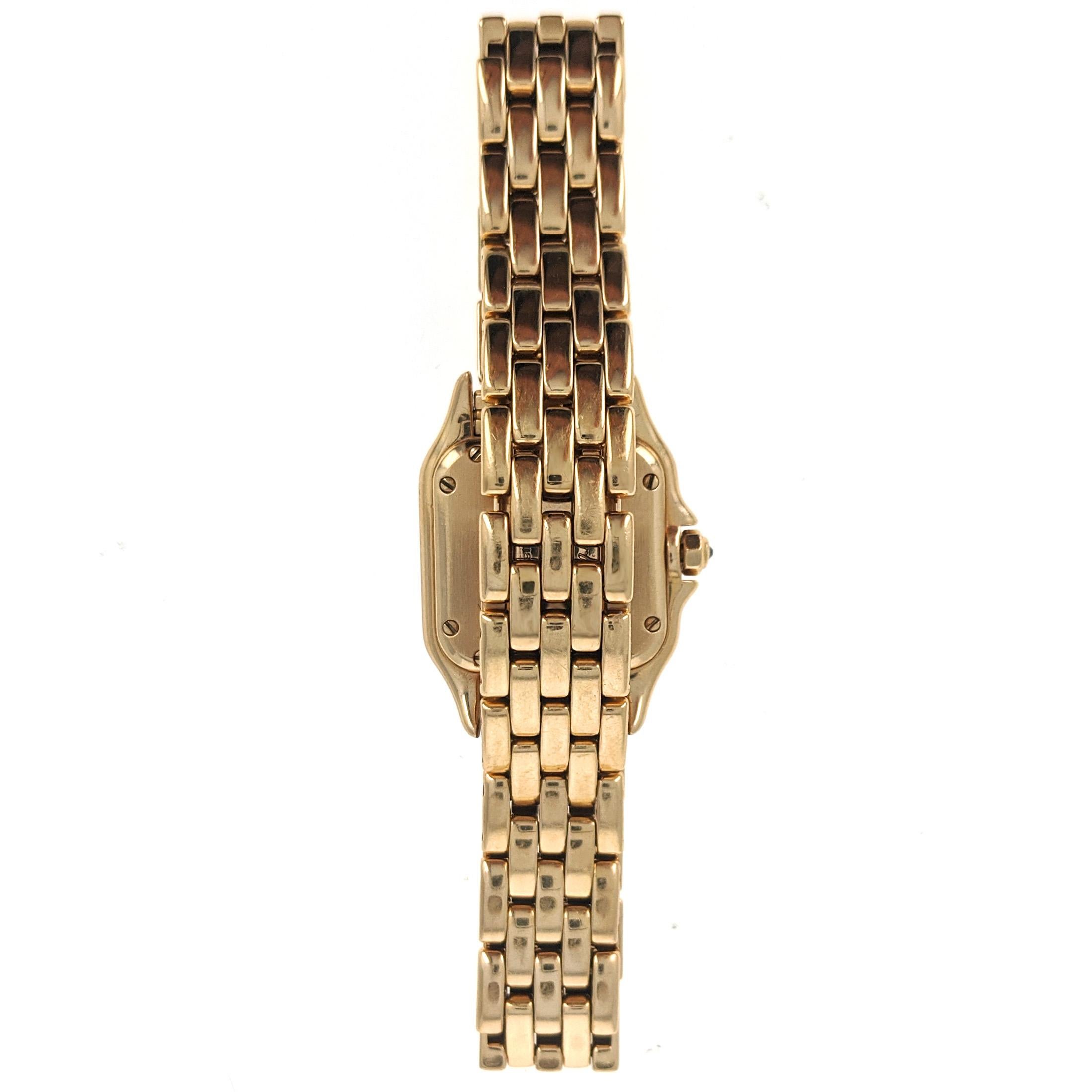 The small model with a quartz movement and case in 18K yellow gold factory-set with approximately 1 carat of factory-set round diamonds. Crown set with a diamond, ivory dial, blued-steel sword-shaped hands, 18K yellow gold bracelet with hidden