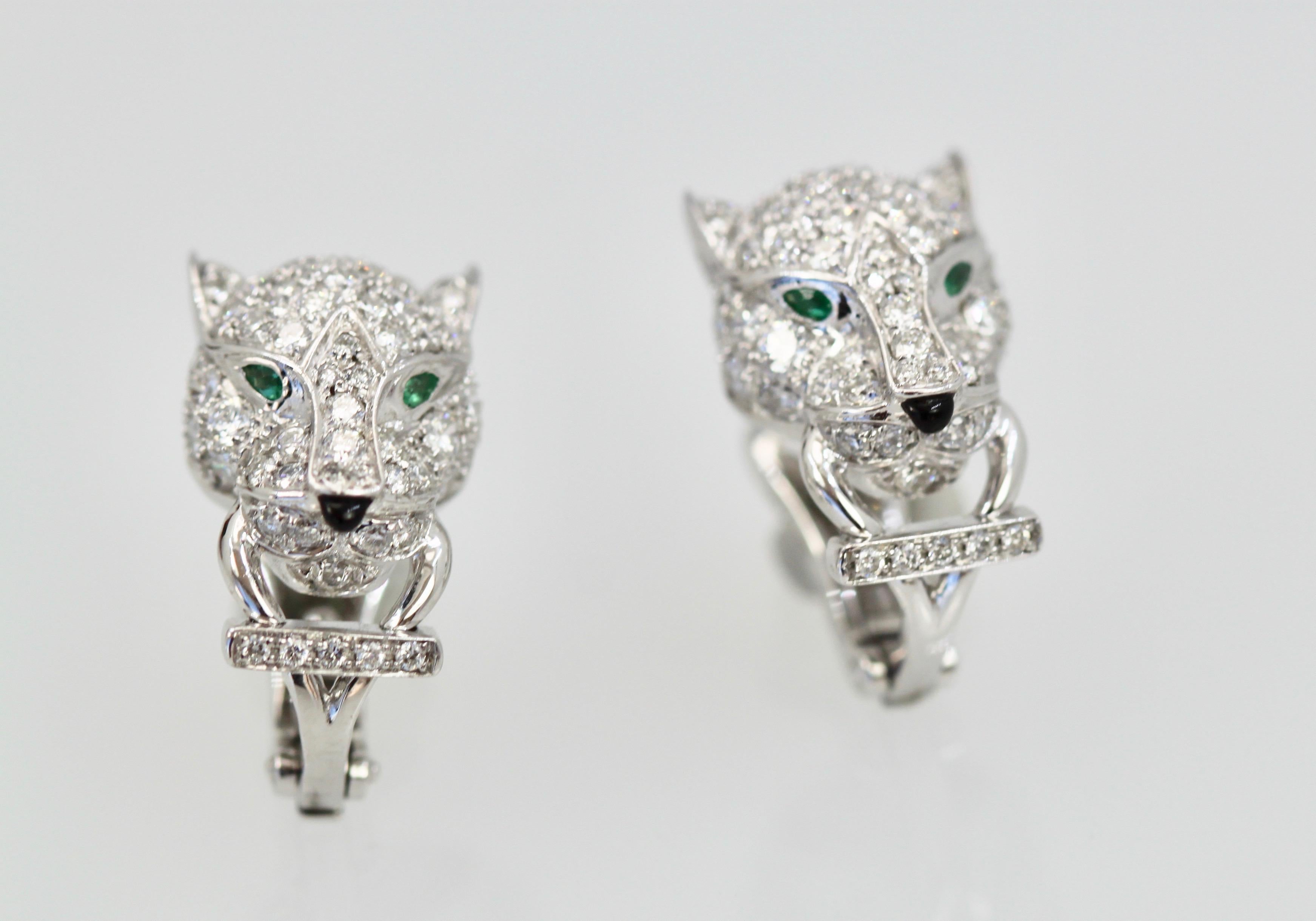 Round Cut Cartier Diamond Panthere Earrings 18 Karat White Gold