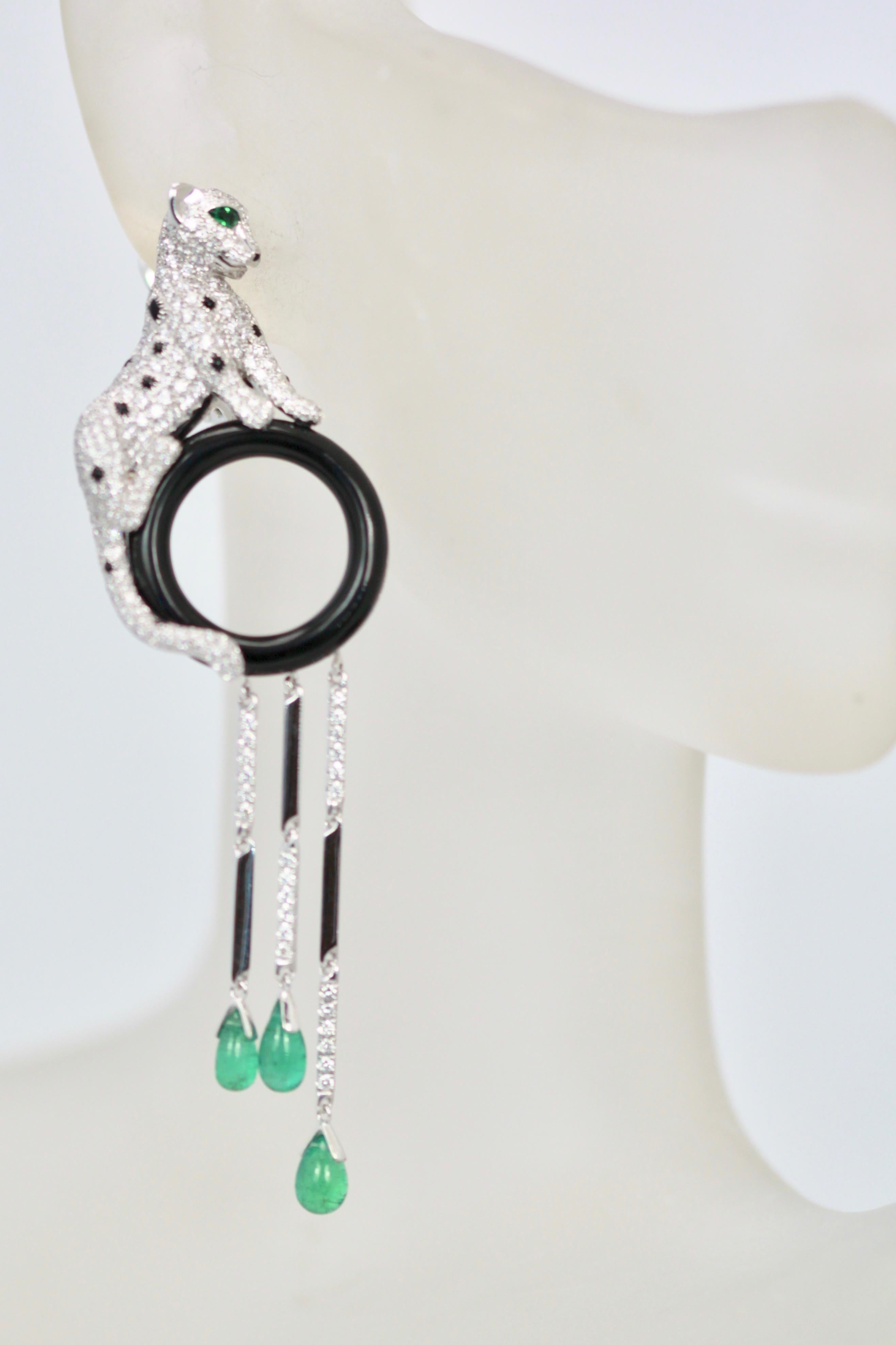 Round Cut Cartier Diamond Panthere Earrings with Onyx and Emeralds 18K