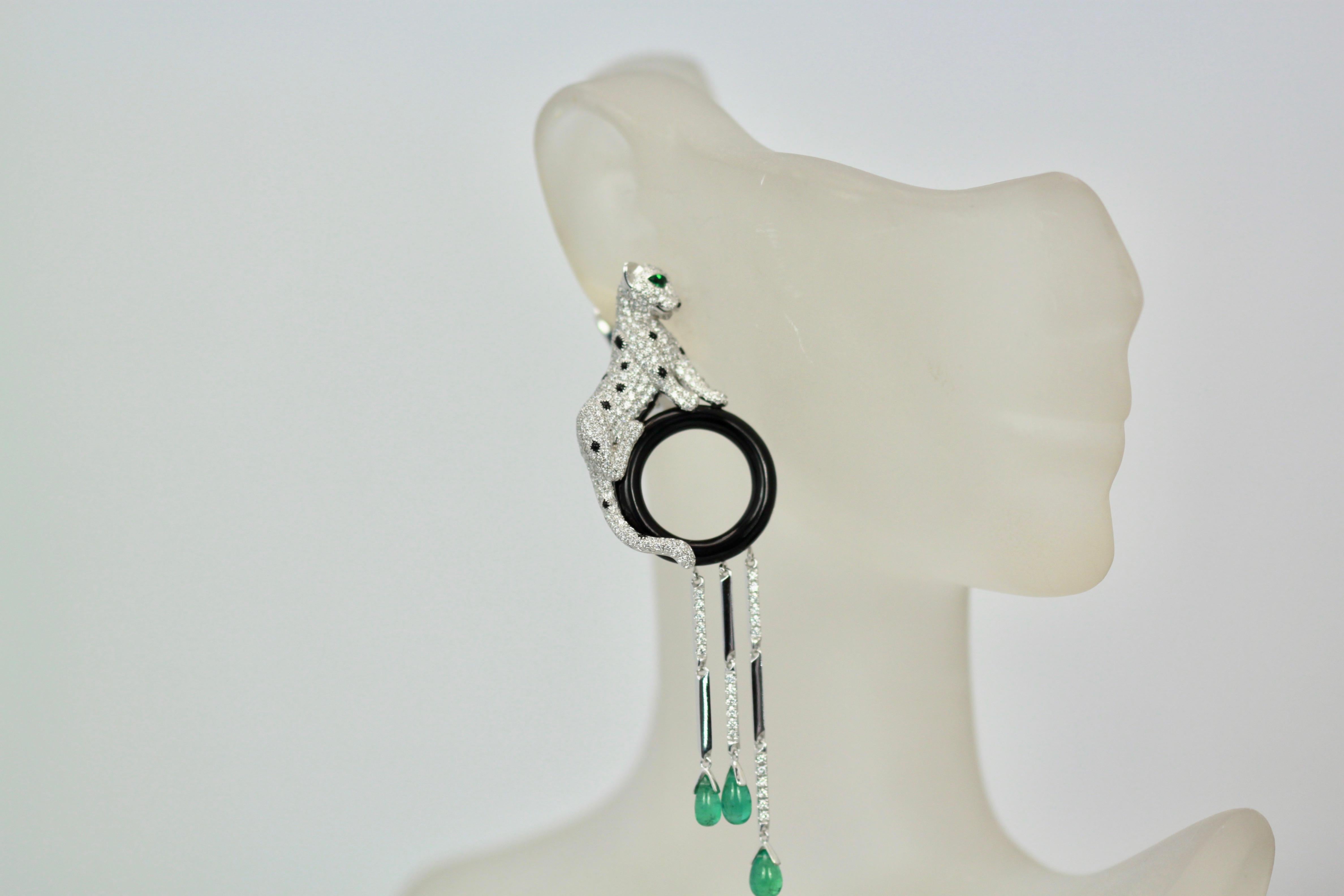 Cartier Diamond Panthere Earrings with Onyx and Emeralds 18K In Excellent Condition In North Hollywood, CA