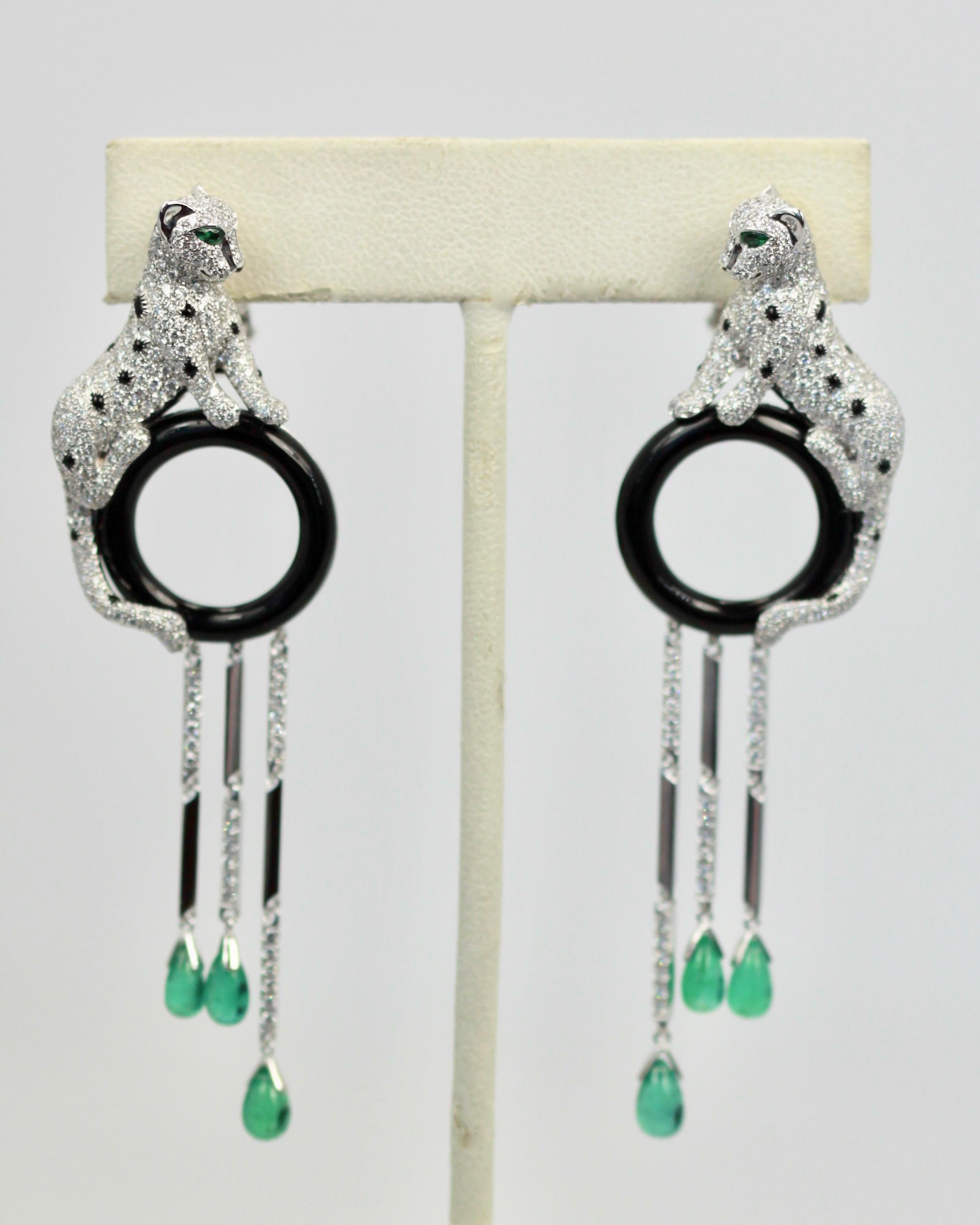 Women's Cartier Diamond Panthere Earrings with Onyx and Emeralds 18K