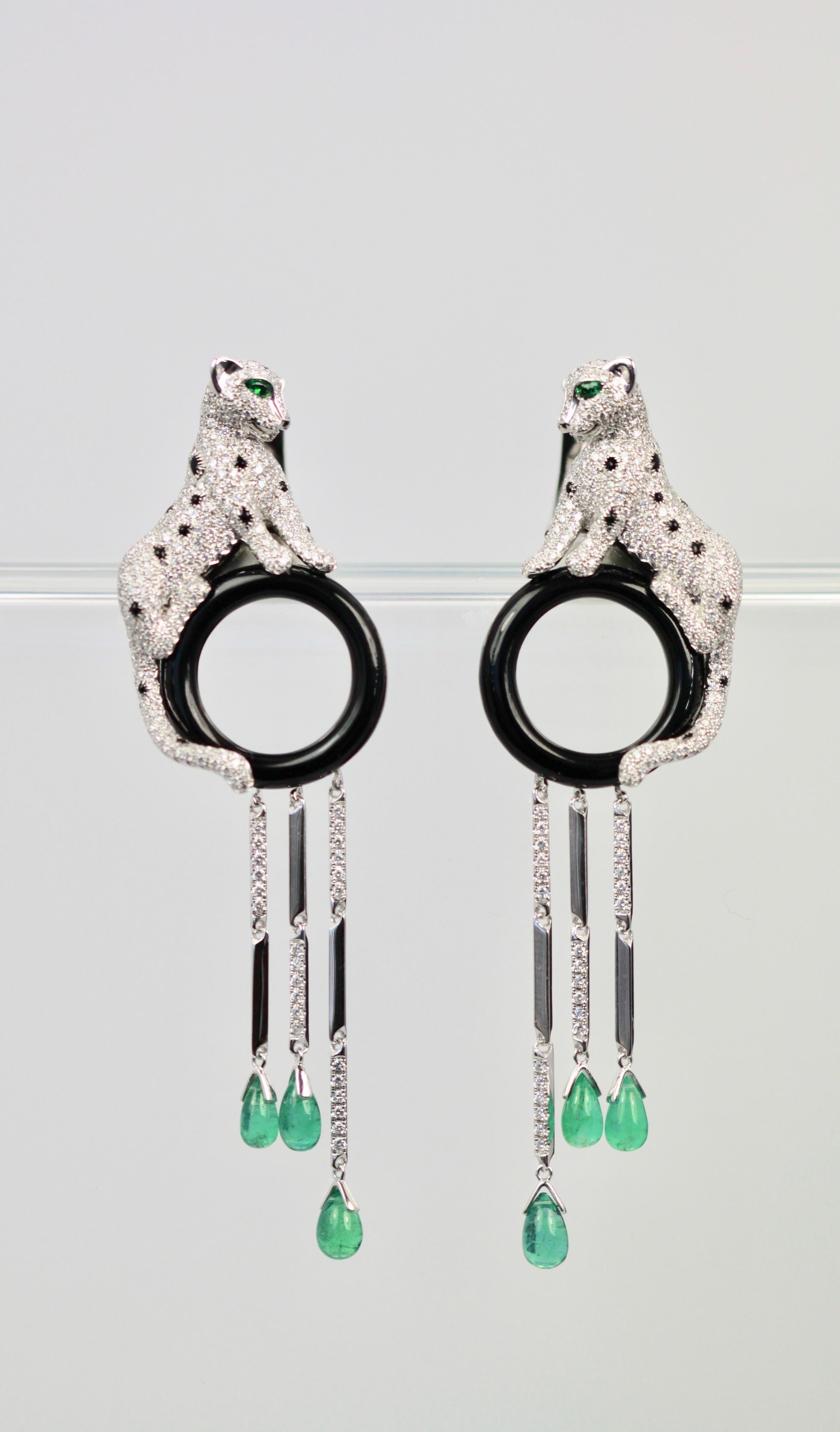 Cartier Diamond Panthere Earrings with Onyx and Emeralds 18K 3