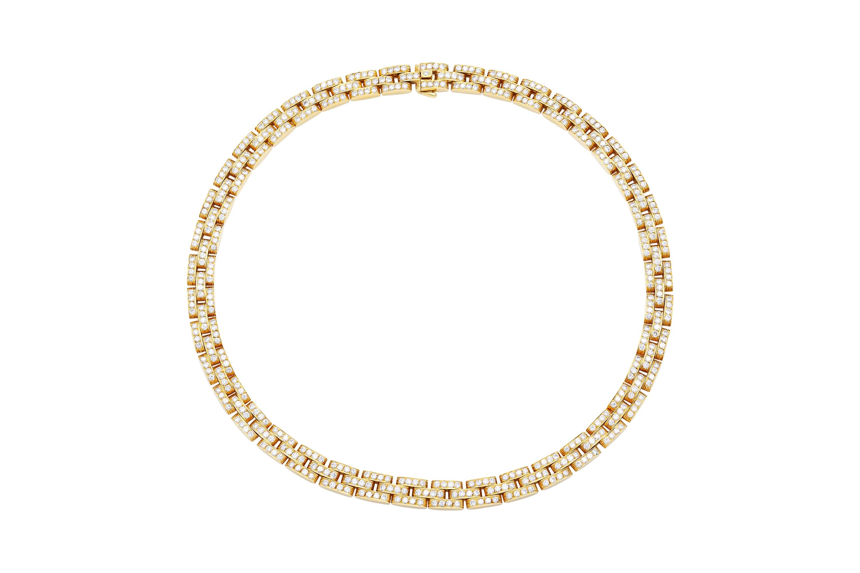 Finely crafted in 18k yellow gold with round brilliant cut diamonds weighing approximately a total of 15.00 carats.
Signed by Cartier
From their Panthere Links collections
16 1/4 inches