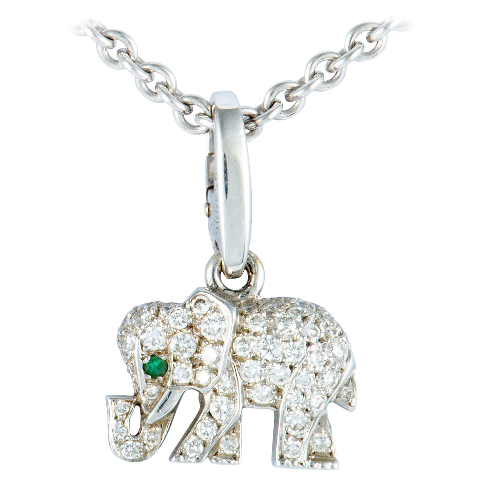 Cartier Diamond Pave and Emerald White Gold Small Elephant Pendant Necklace