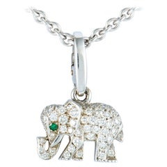 Vintage Cartier Diamond Pave and Emerald White Gold Small Elephant Pendant Necklace