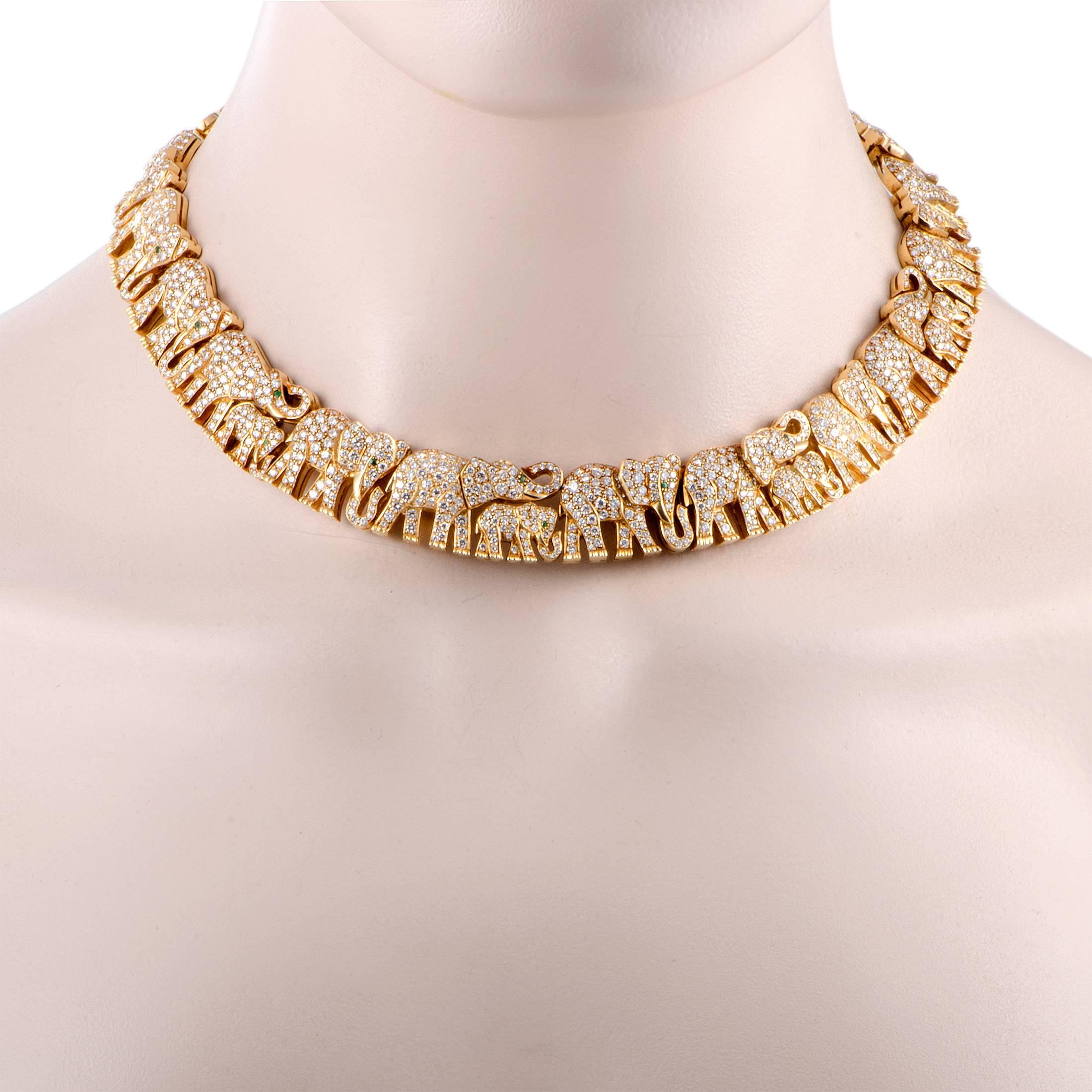 Depicting a plethora of elephants in the most luxurious manner, this ravishing necklace beautifully embodies the enticing allure of African wildlife. Designed by Cartier, the necklace is expertly crafted from attractive 18K yellow gold and lavishly