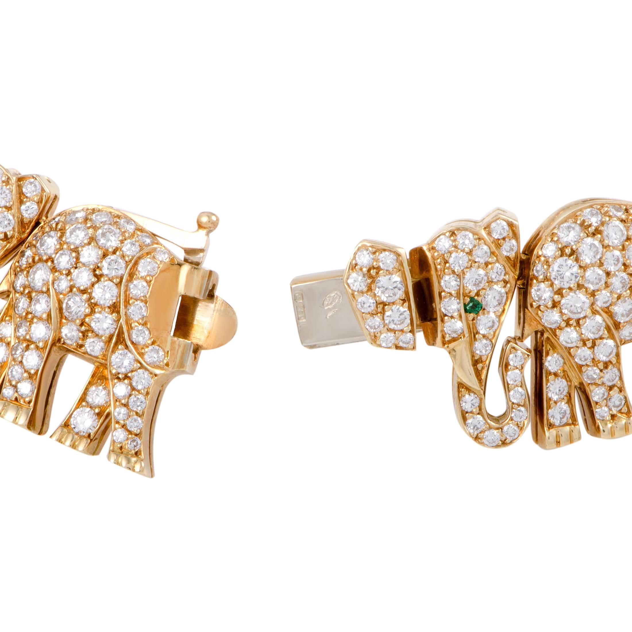 Round Cut Cartier Diamond Pave and Emeralds Elephant Herd Gold Collar Necklace