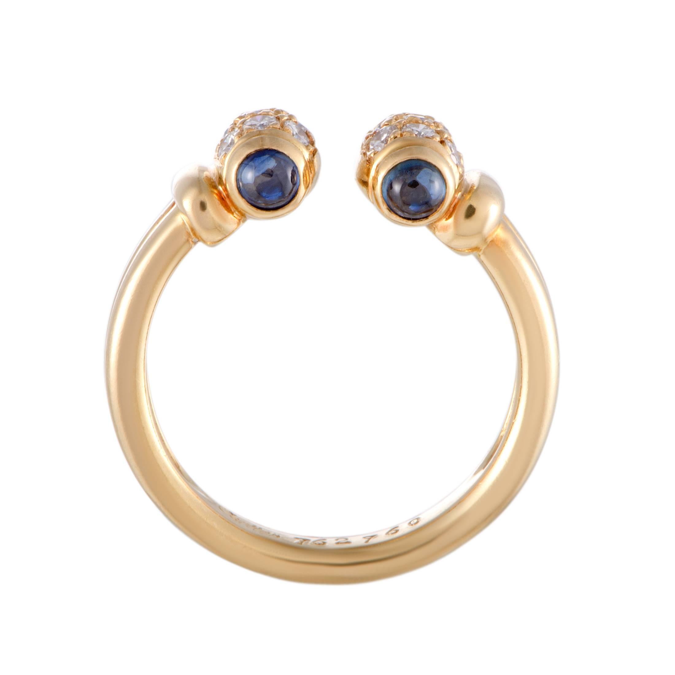 Created by Cartier for the exquisite “Ellipse” collection, this beautiful ring features an exceptionally classy design that is topped off with luxurious blend of attractive gems. The ring is made of 18K yellow gold and expertly set with regal