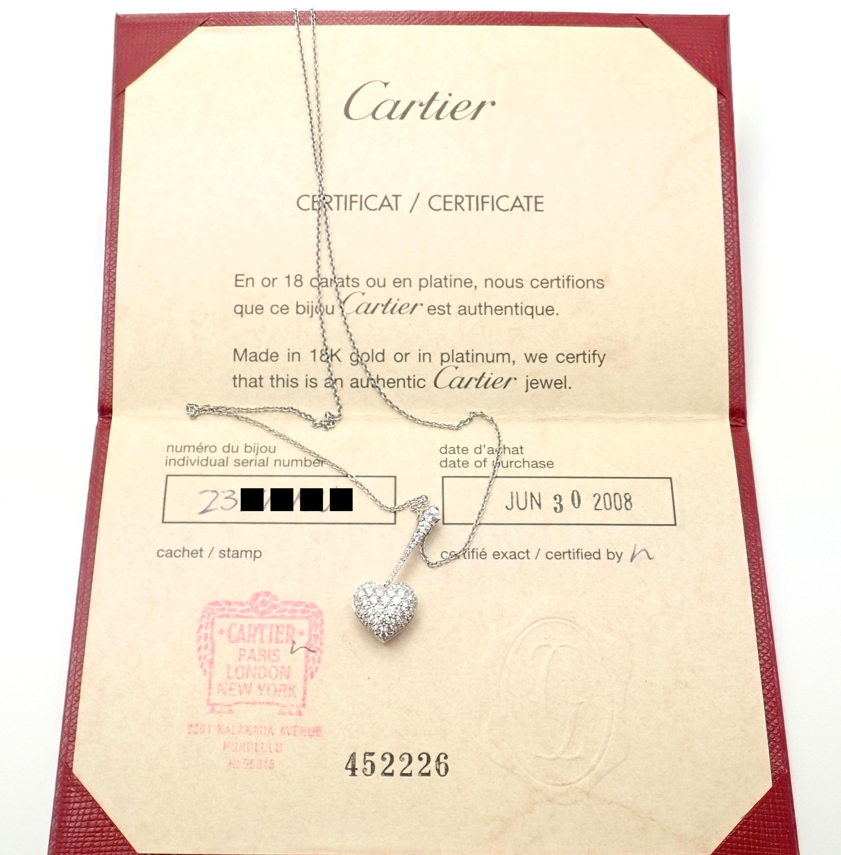 Platinum Diamond Pave Heart Pendant Necklace by Cartier.
With 46 round brilliant cut diamonds VVS1 clarity, E color total weight approximately 1.10ct
This necklace comes with Cartier certificate of authenticity and a Cartier box. 
Details:
Weight: 