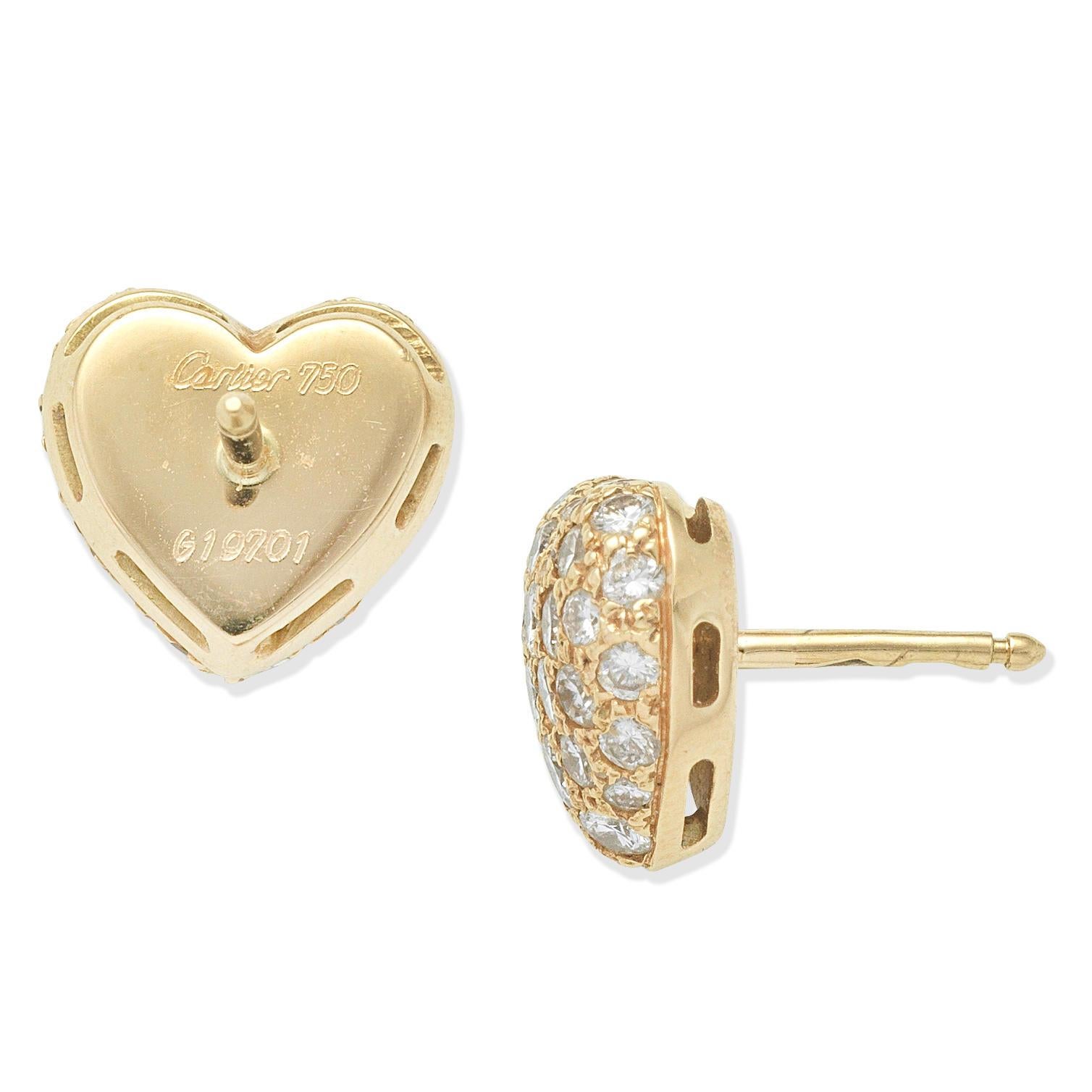 Brilliant Cut Cartier diamond pave heart stud earrings full set, box and Cartier certificate  For Sale
