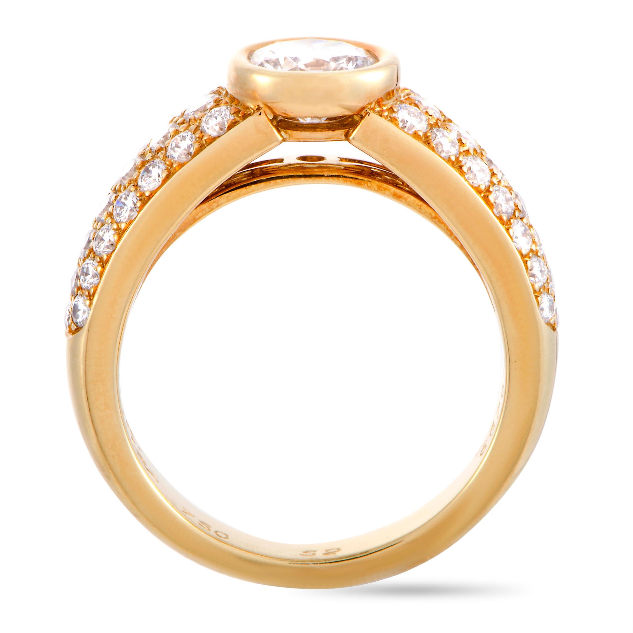 This Cartier engagement ring is made out of 18K yellow gold and diamonds and weighs 6.8 grams. The center diamond stone boasts grade G color and VS1 clarity and weighs approximately 0.75 carats, and the side diamonds amount to 0.50 carats. The ring