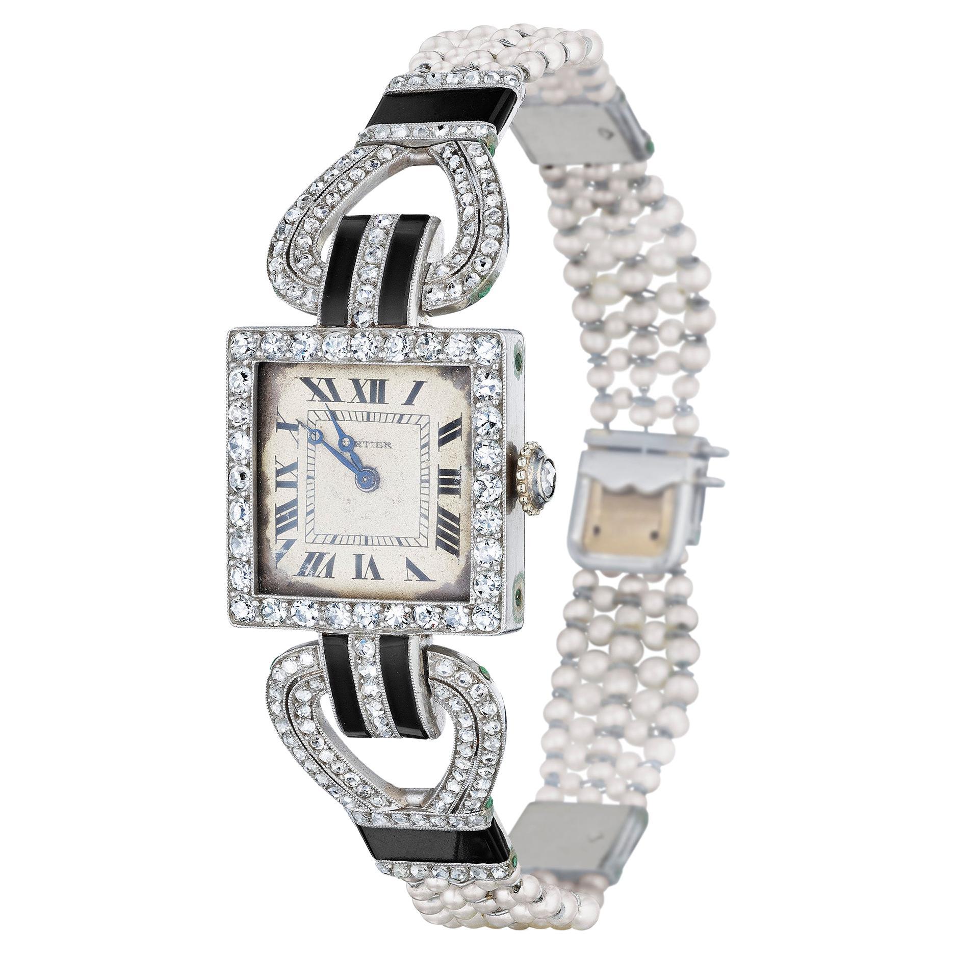 Cartier Diamond Pearl and Onyx Watch, Art Deco, Paris, c. 1920 For Sale