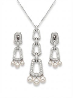 Cartier Diamond Pearl Necklace and Earrings Set in 18K White Gold