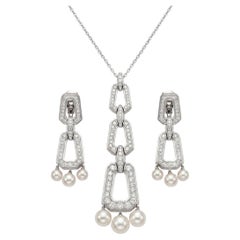 Cartier Diamond Pearl Necklace and Earrings Set in 18K White Gold