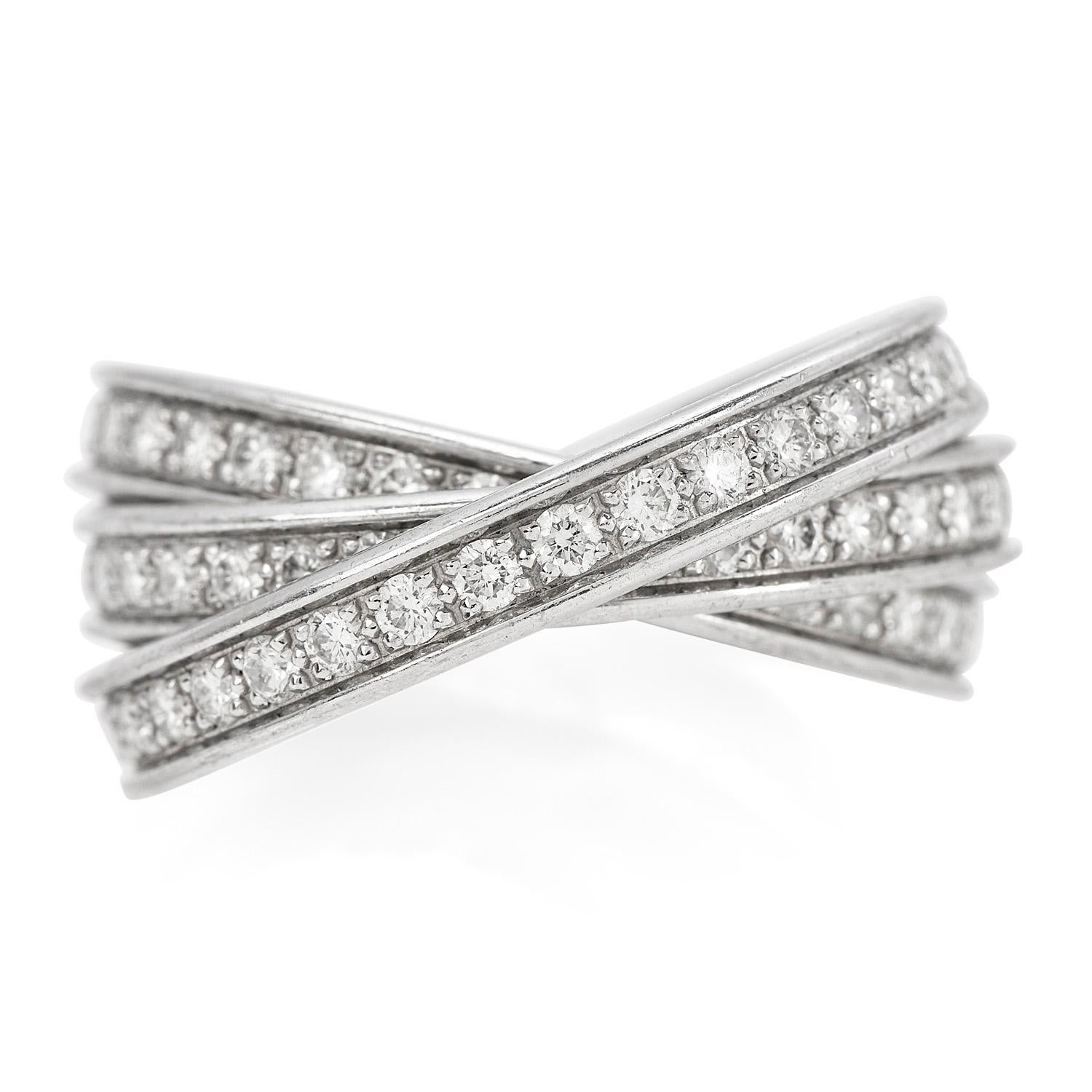 Cartier Diamond Platinum Classic Trinity Band Rolling Ring 

 The Diamond Platinum Classic Trinity Band Ring by Cartier is the perfect timeless piece for your collection.

Expertly crafted in solid Platinum, compose by 105 Genuine Diamonds Total for