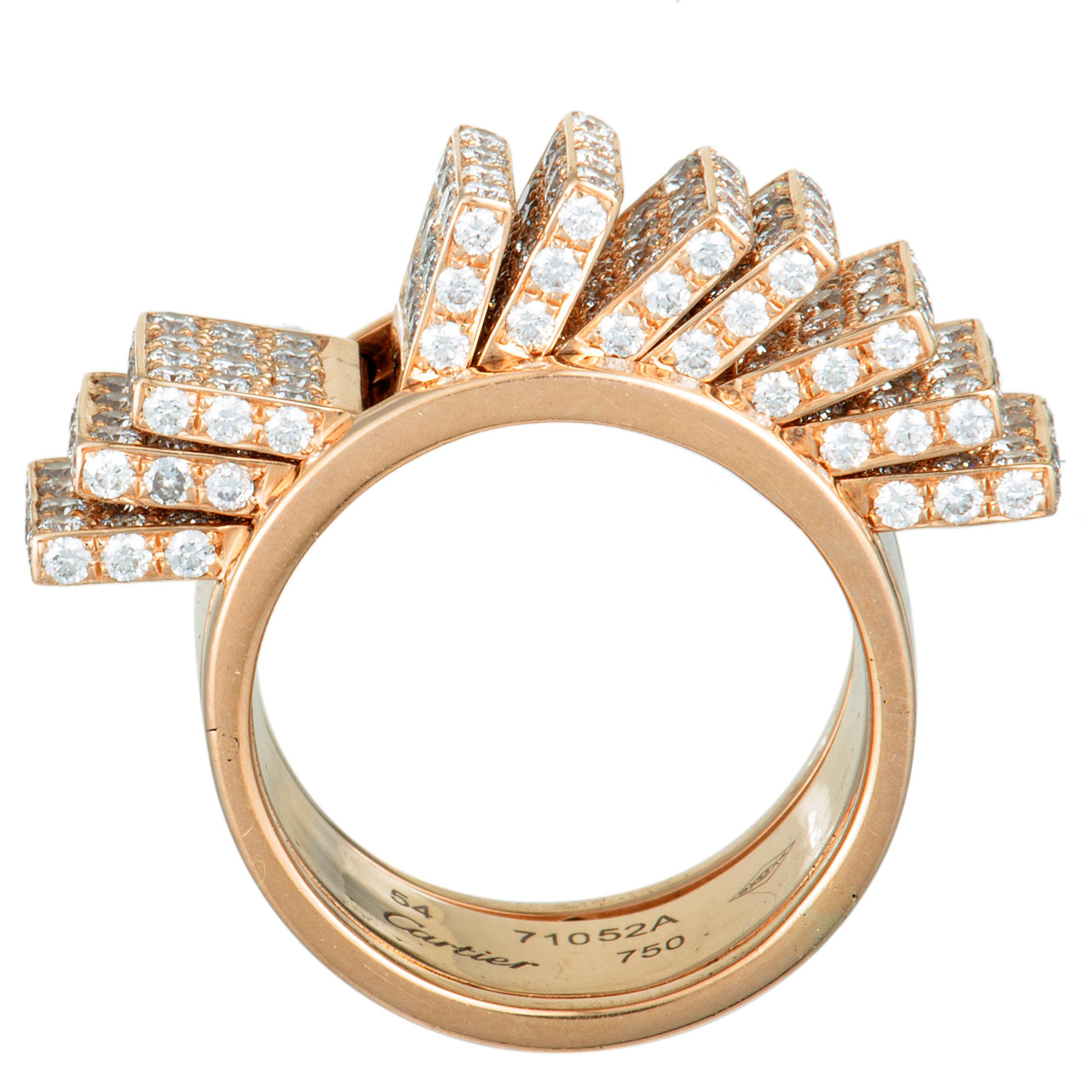 Designed in an enticingly imaginative fashion and lavishly decorated with a plethora of scintillating diamonds, this fascinating Cartier ring will accentuate your ensembles in an incredibly attractive manner. The ring is beautifully made of 18K rose