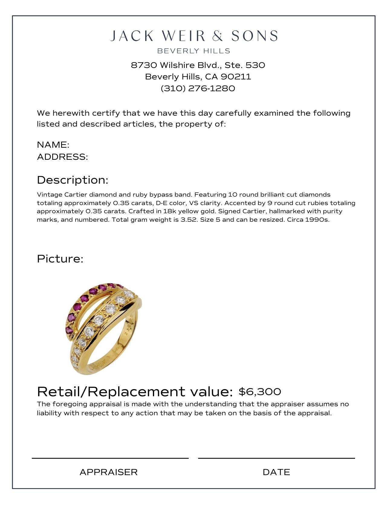 Cartier diamond ruby 18k yellow gold bypass band In Excellent Condition For Sale In Beverly Hills, CA