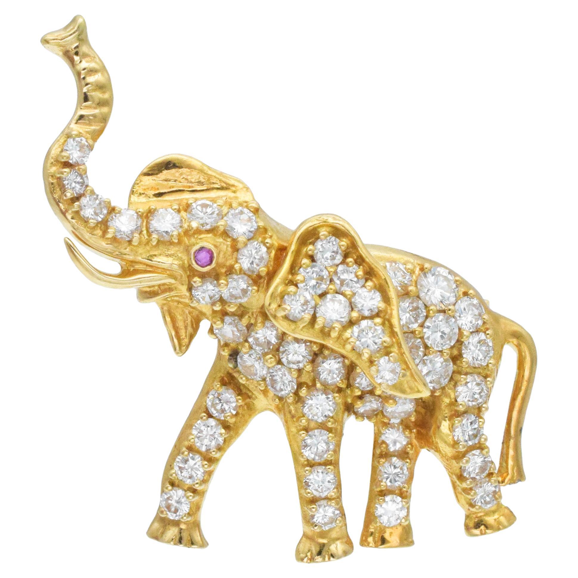 Cartier Diamond, Ruby, and Yellow Gold Elephant Brooch