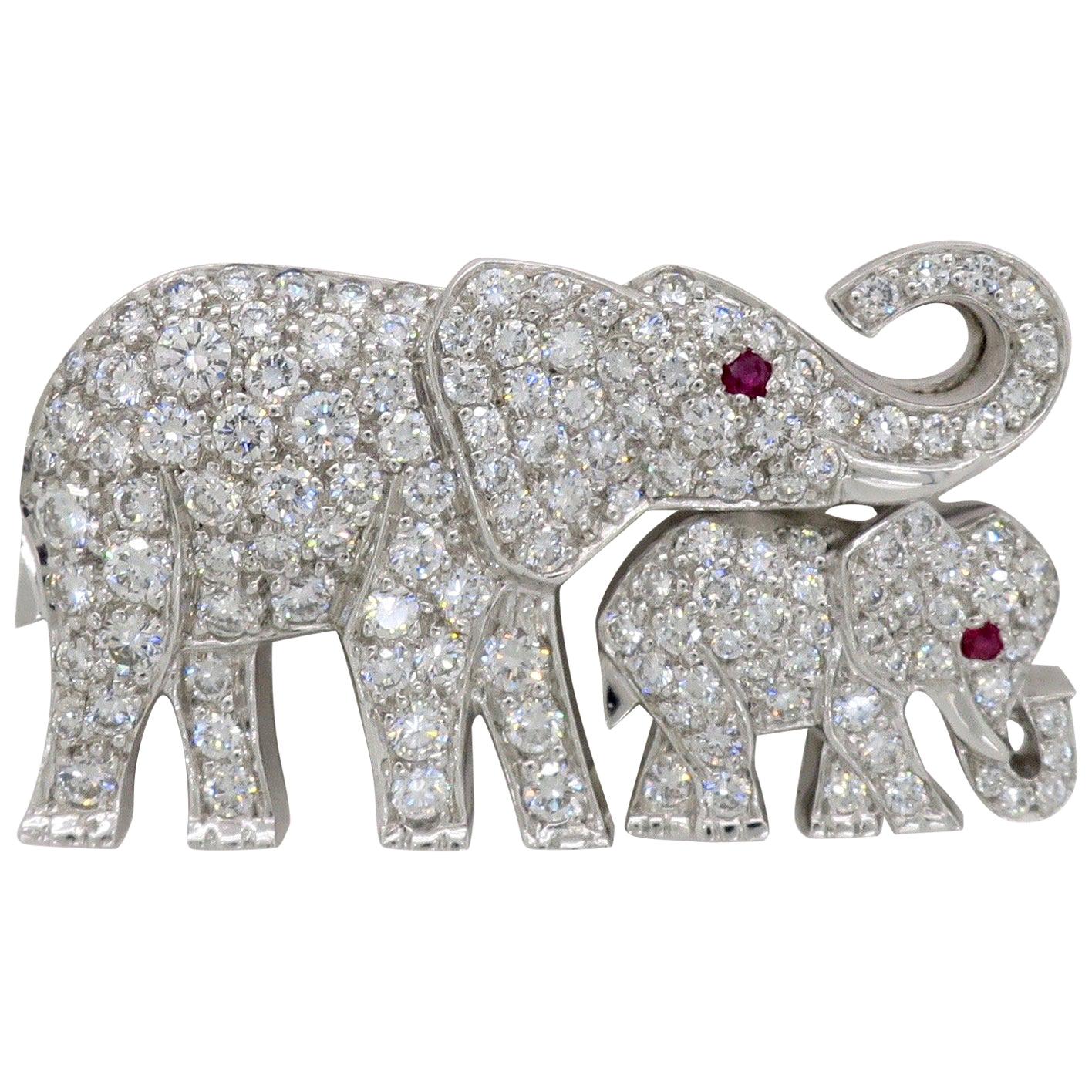 Cartier Diamond Ruby Elephant and Baby Elephant Pin Brooch