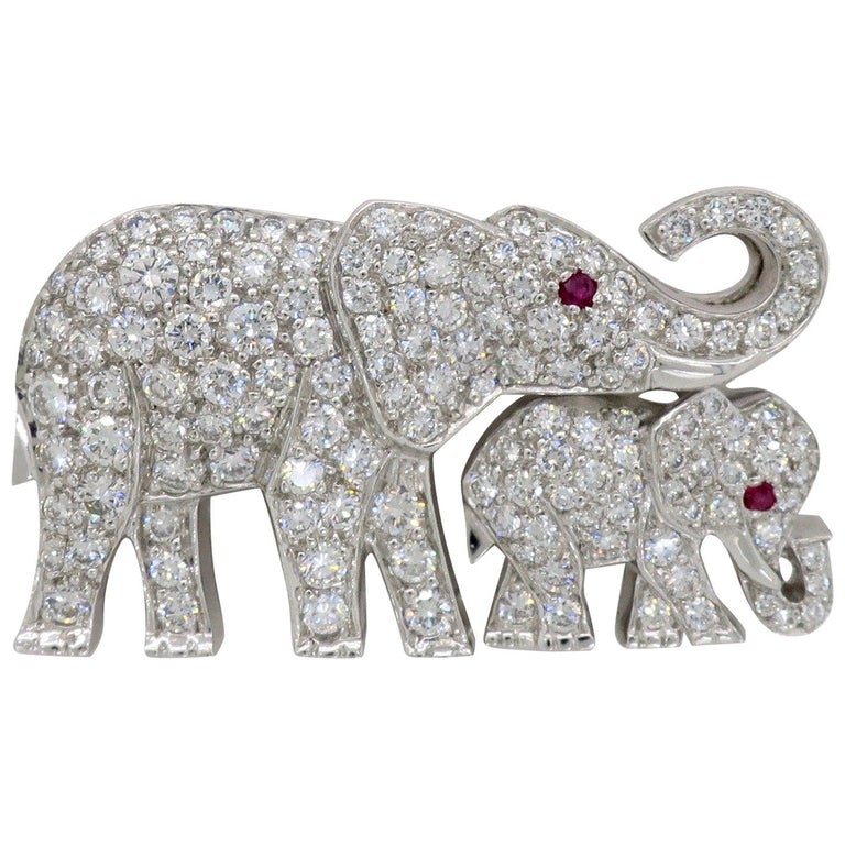 Cartier Diamond Ruby Elephant and Baby Elephant Pin Brooch at 1stDibs