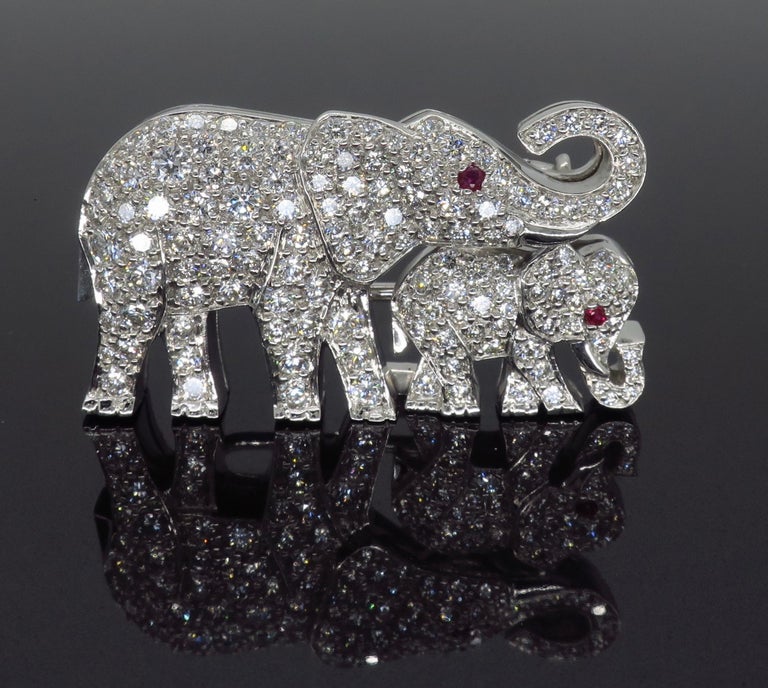 Cartier Diamond Ruby Elephant and Baby Elephant Pin Brooch at 1stDibs