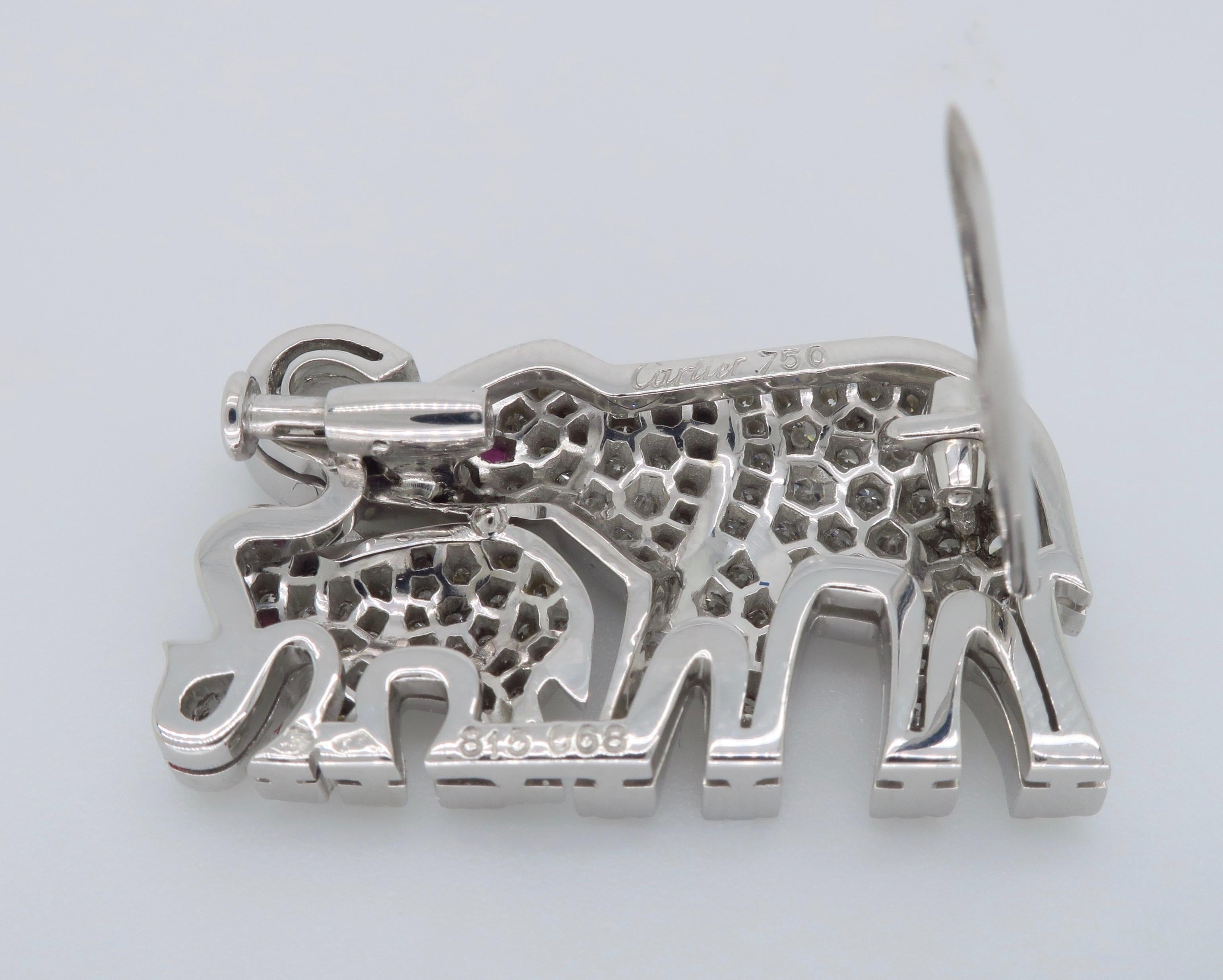Round Cut Cartier Diamond Ruby Elephant and Baby Elephant Pin Brooch