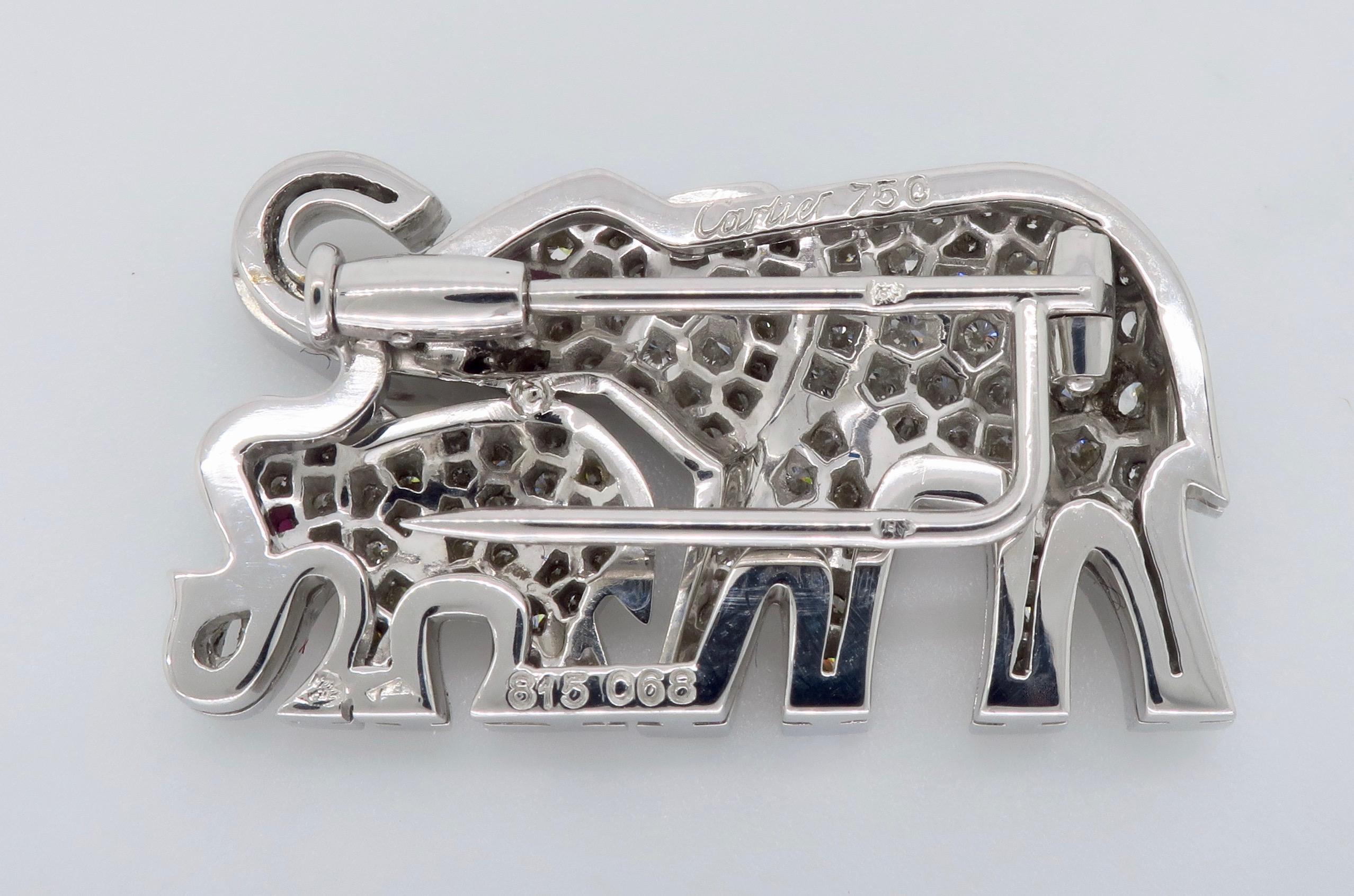 Cartier Diamond Ruby Elephant and Baby Elephant Pin Brooch In Excellent Condition In Webster, NY