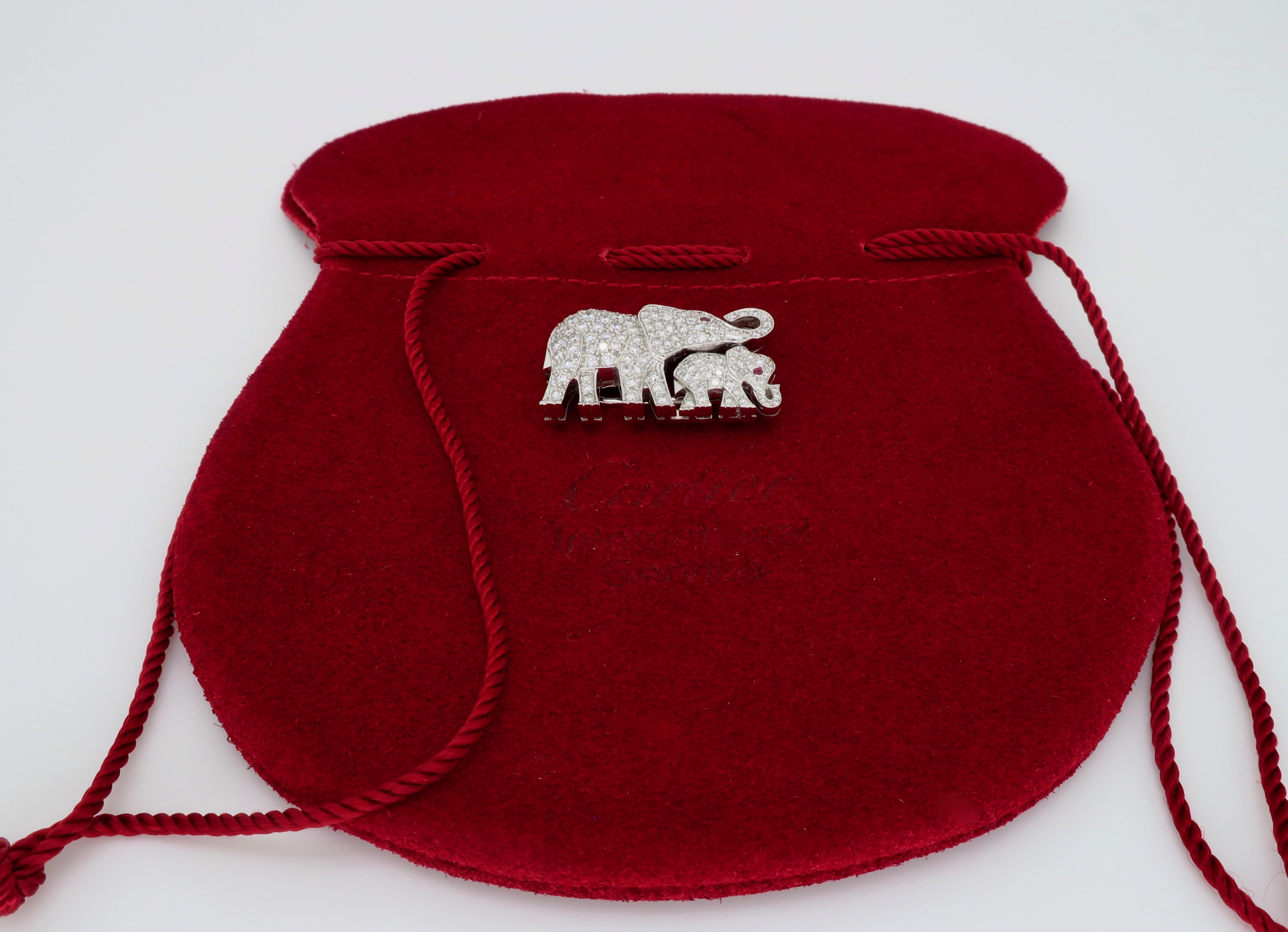 Cartier Diamond Ruby Elephant and Baby Elephant Pin Brooch 2