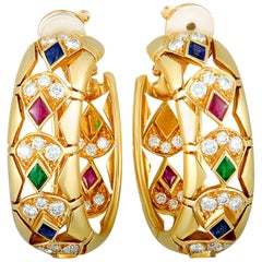 Cartier Diamond, Ruby, Emerald, and Sapphire Yellow Gold Oval Clip-On Earrings