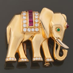 CARTIER Diamond Ruby Emerald Yellow Gold Elephant Brooch