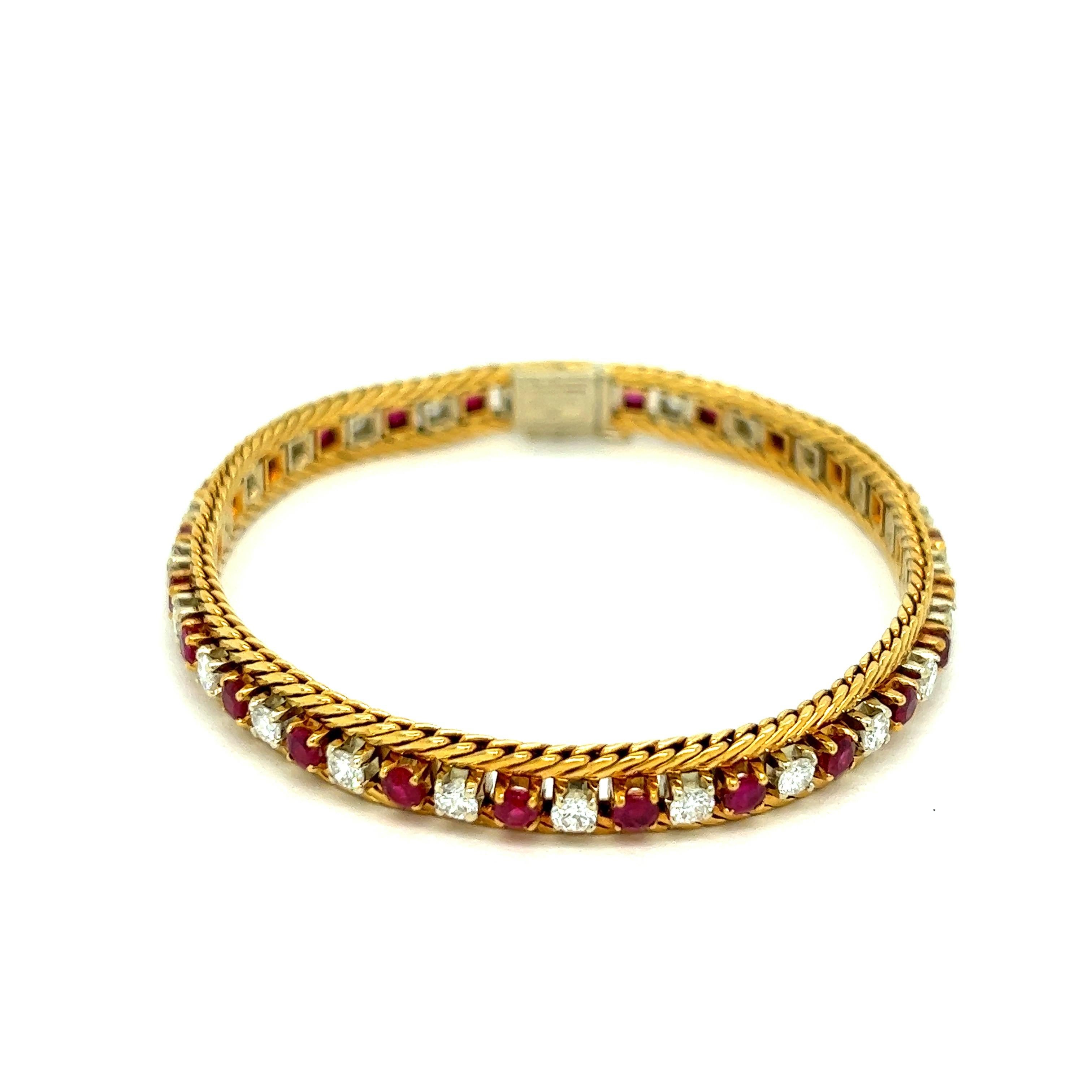 Cartier diamond and ruby line bracelet, made in Italy

Round-cut diamonds weighing approximately 2.95 carats, alternating with round-cut rubies weighing approximately 2.85 carats, 18 karat yellow gold; marked Cartier, 54754, made in Italy,
