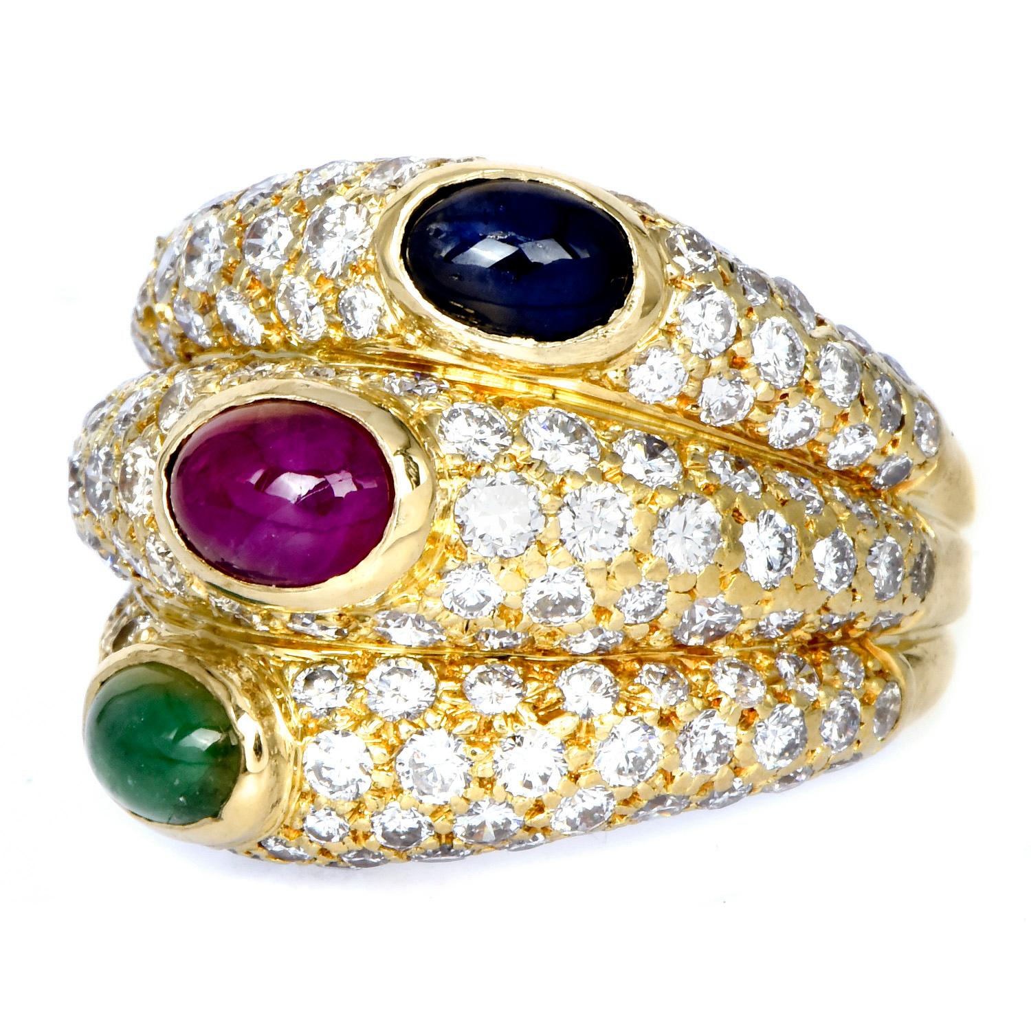 Retro Cartier Diamond Ruby Sapphire Emerald 18K Gold Ring