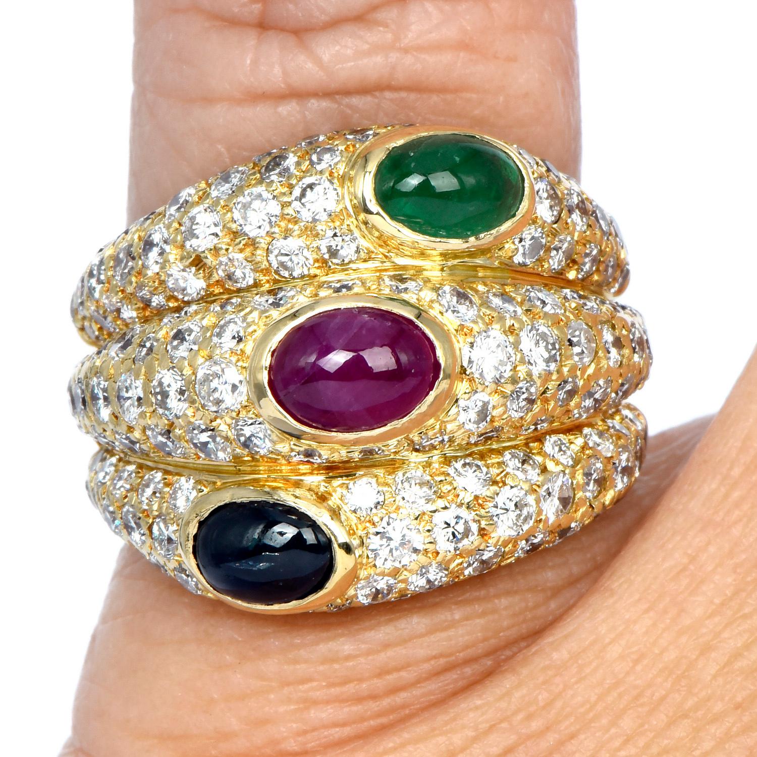Cartier Diamond Ruby Sapphire Emerald 18K Gold Ring In Excellent Condition In Miami, FL