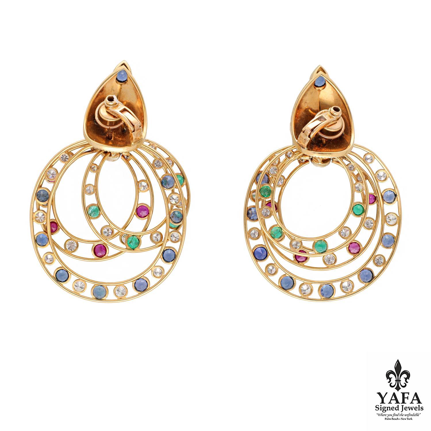 Round Cut CARTIER Diamond, Ruby, Sapphire & Emerald Pendant Earrings For Sale