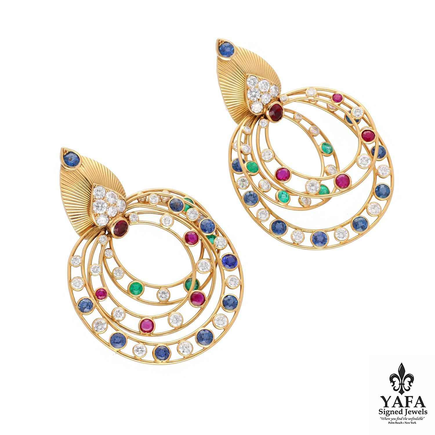 CARTIER Diamond, Ruby, Sapphire & Emerald Pendant Earrings In Excellent Condition For Sale In New York, NY