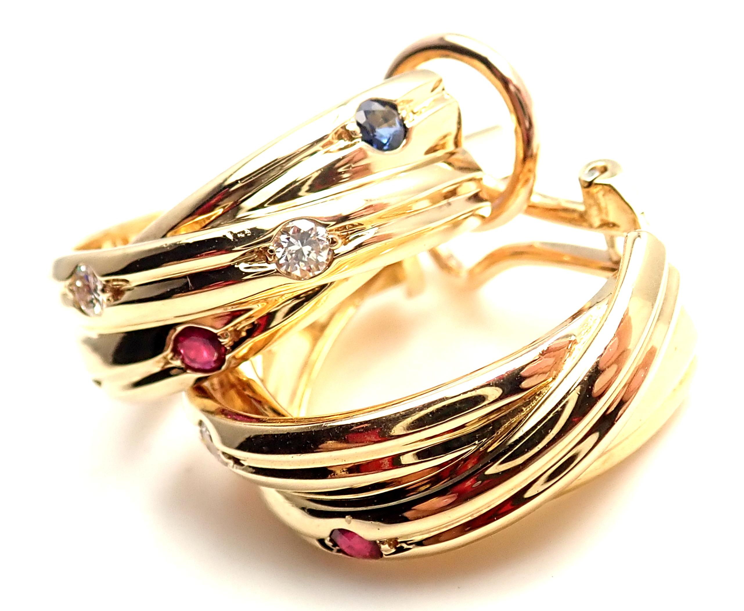 Cartier Diamond Ruby Sapphire Trinity Yellow Gold Hoop Earrings In New Condition In Holland, PA