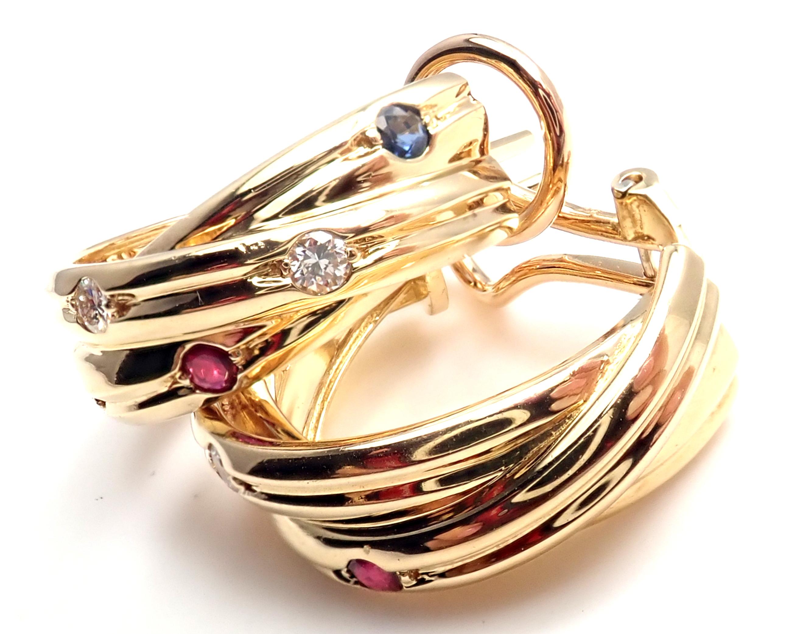 Women's or Men's Cartier Diamond Ruby Sapphire Trinity Yellow Gold Hoop Earrings