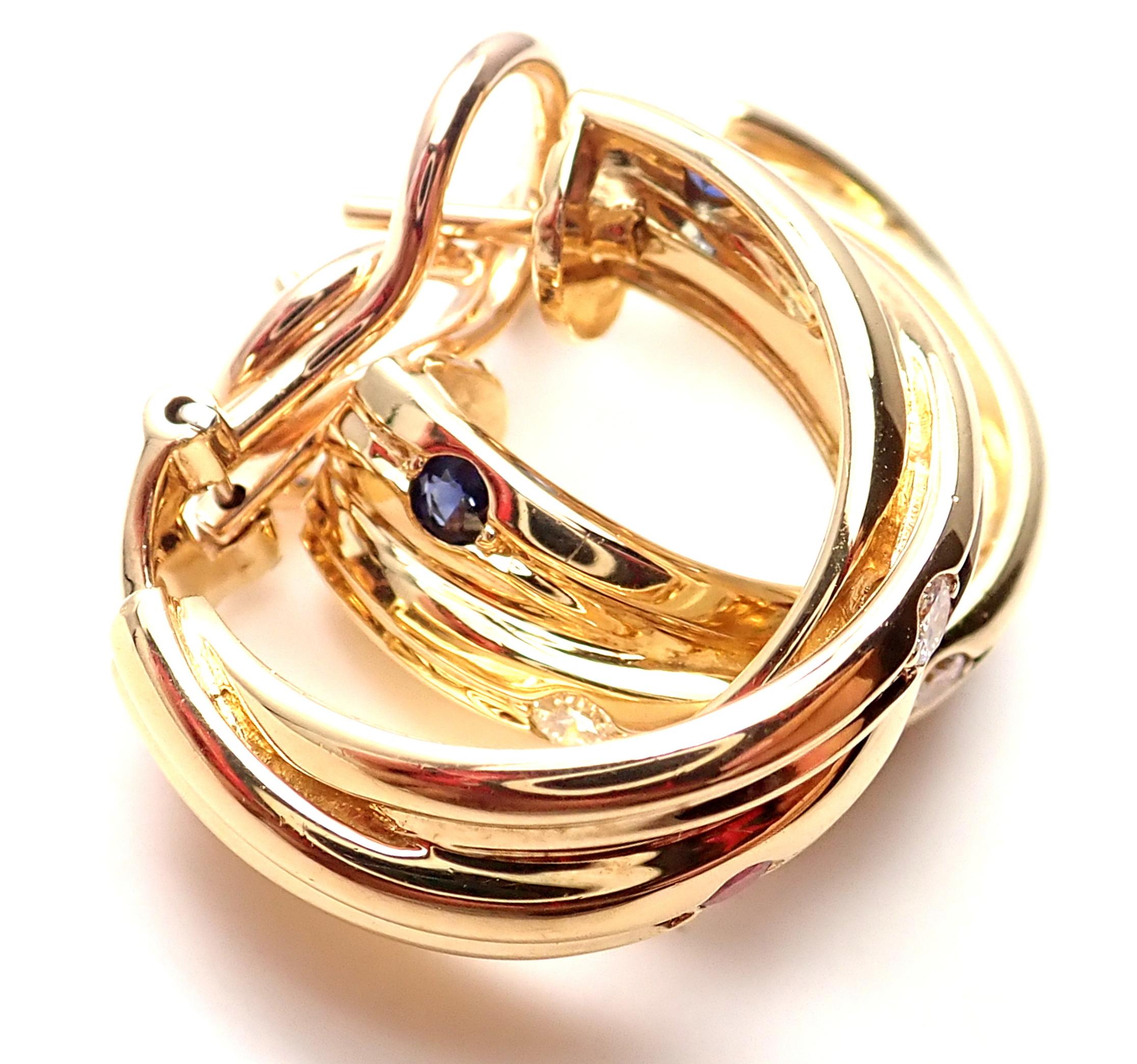 Cartier Diamond Ruby Sapphire Trinity Yellow Gold Hoop Earrings 1