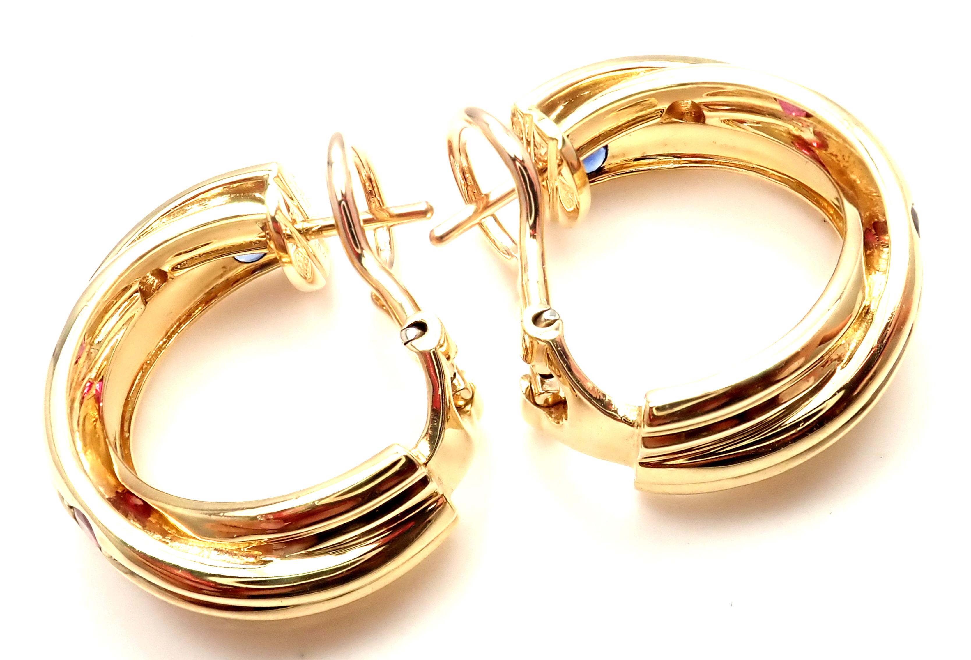 Cartier Diamond Ruby Sapphire Trinity Yellow Gold Hoop Earrings 2