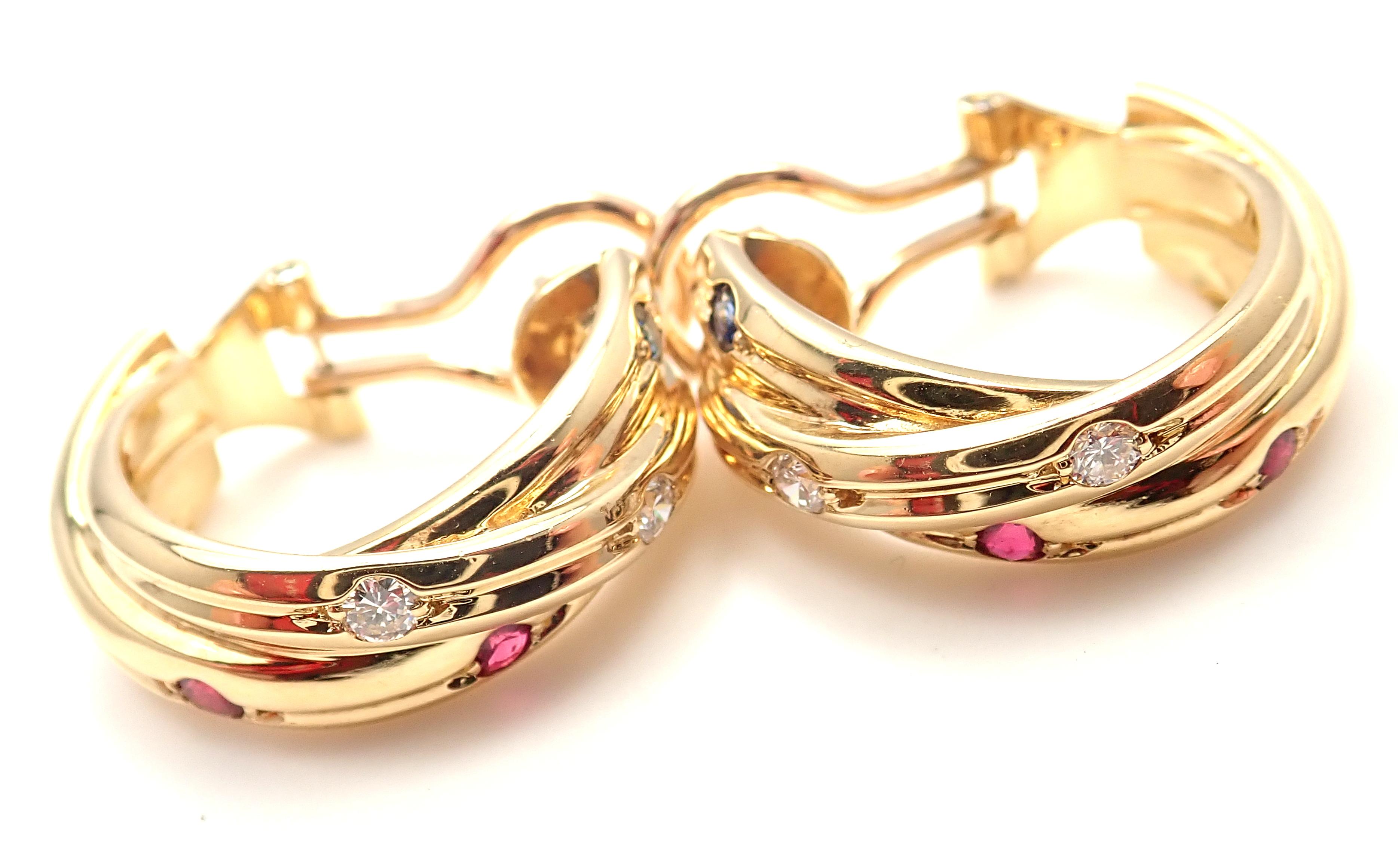 Cartier Diamond Ruby Sapphire Trinity Yellow Gold Hoop Earrings 5