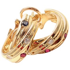 Cartier Diamond Ruby Sapphire Trinity Yellow Gold Hoop Earrings