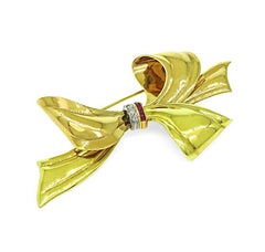 Cartier Diamond Ruby Two Tone 14k Yellow and Pink Gold Bow Pin