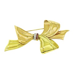 Cartier Diamond Ruby Two Tone 14k Yellow and Pink Gold Bow Pin