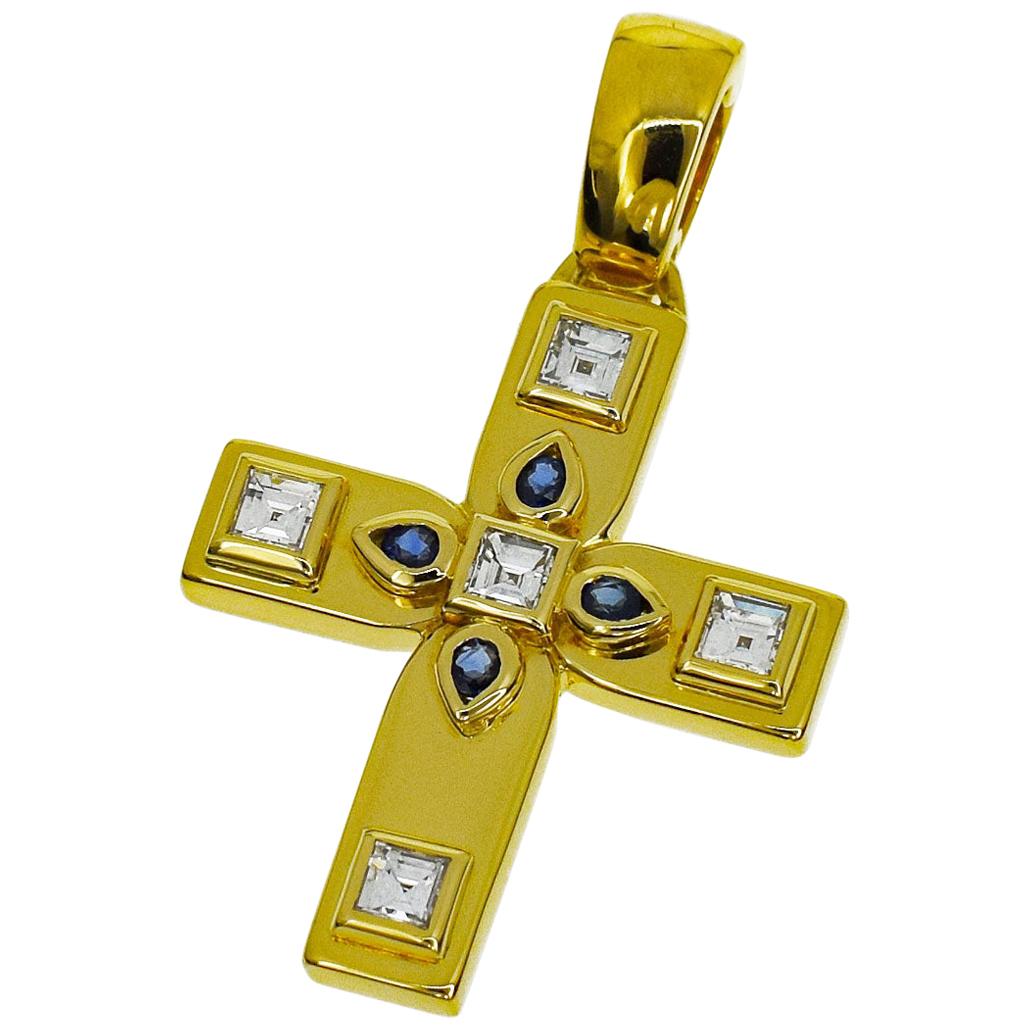 Cartier Diamond Sapphire 18 Karat Yellow Gold Byzantine Cross Charm SM